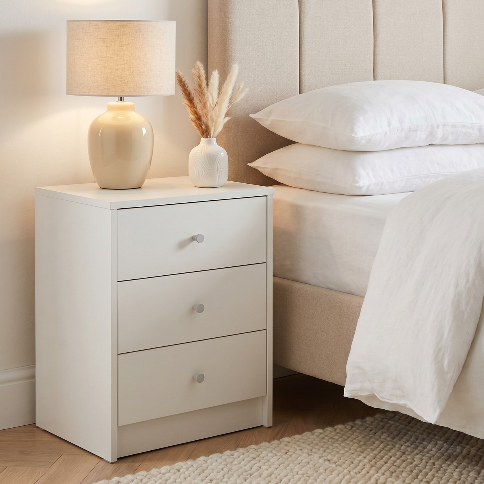 Elliot 3 Drawer Bedside, White