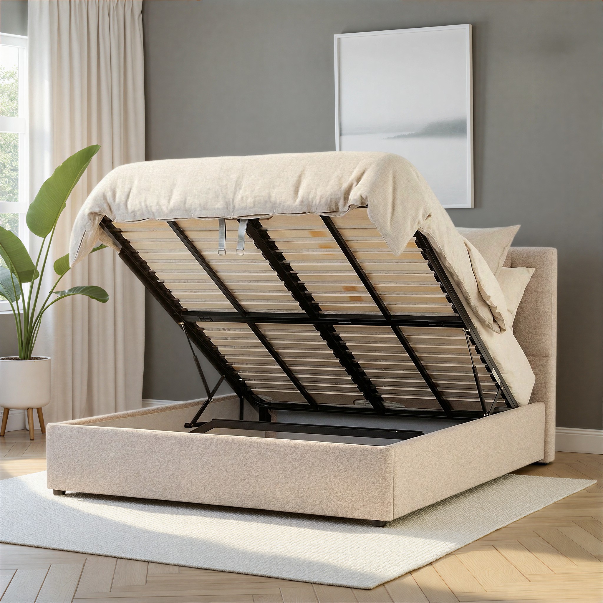Riley Lift Up King Bed Frame, Beige