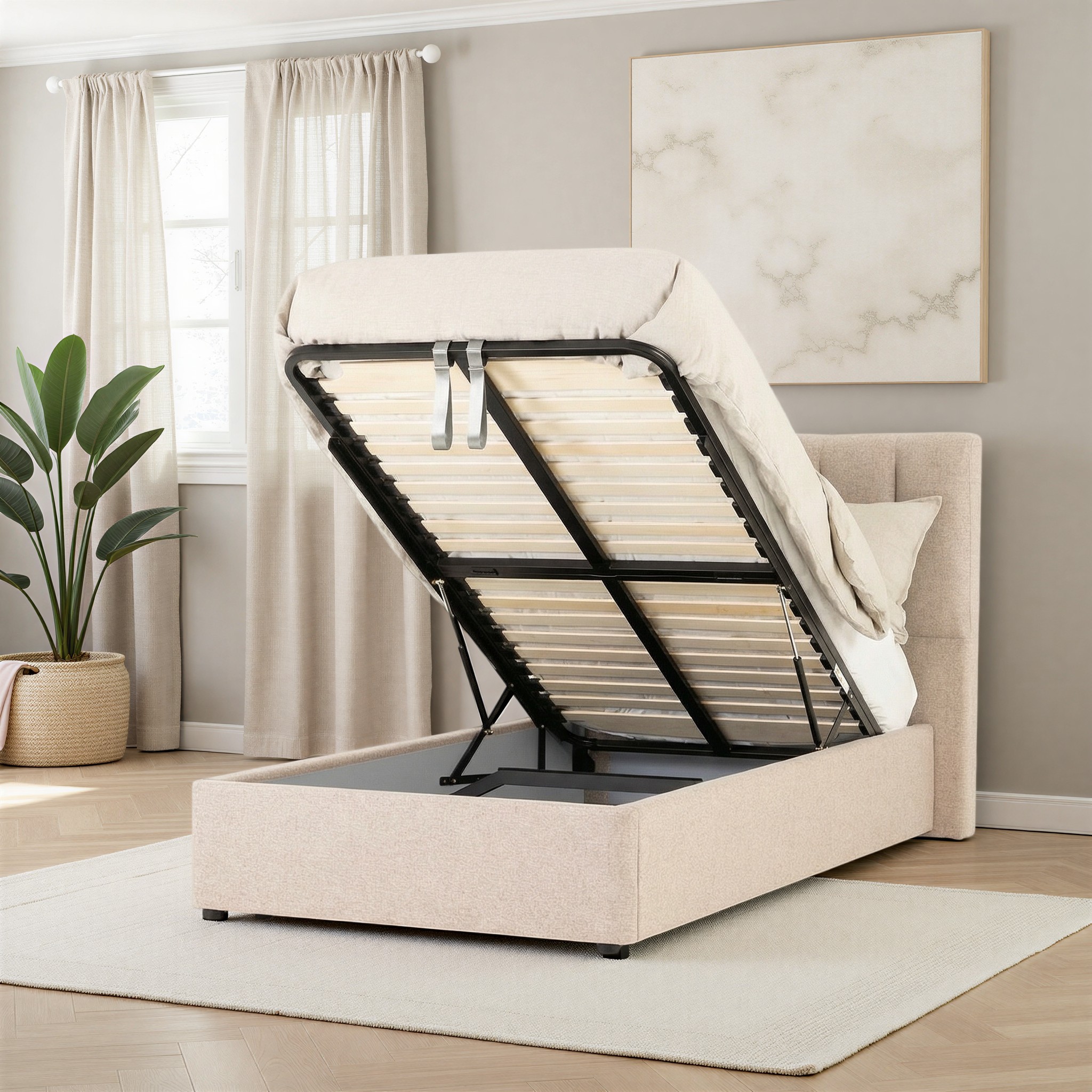 Riley Lift Up King Single Bed Frame, Beige