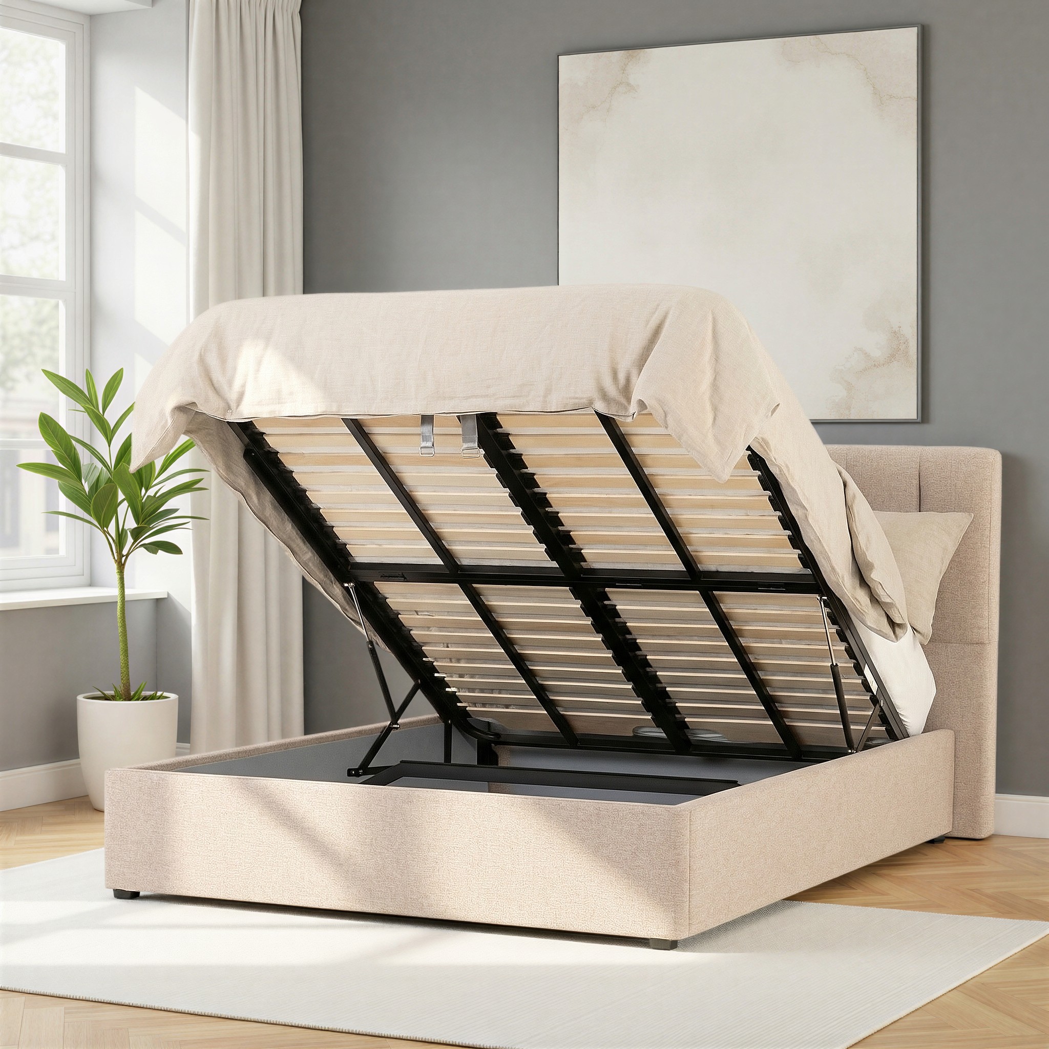 Riley Lift Up Queen Bed Frame, Beige