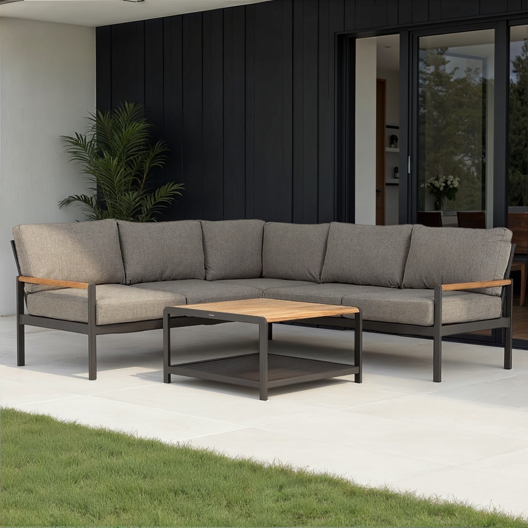 Amber Outdoor Corner Set with Square Coffee Table, Gunmetal