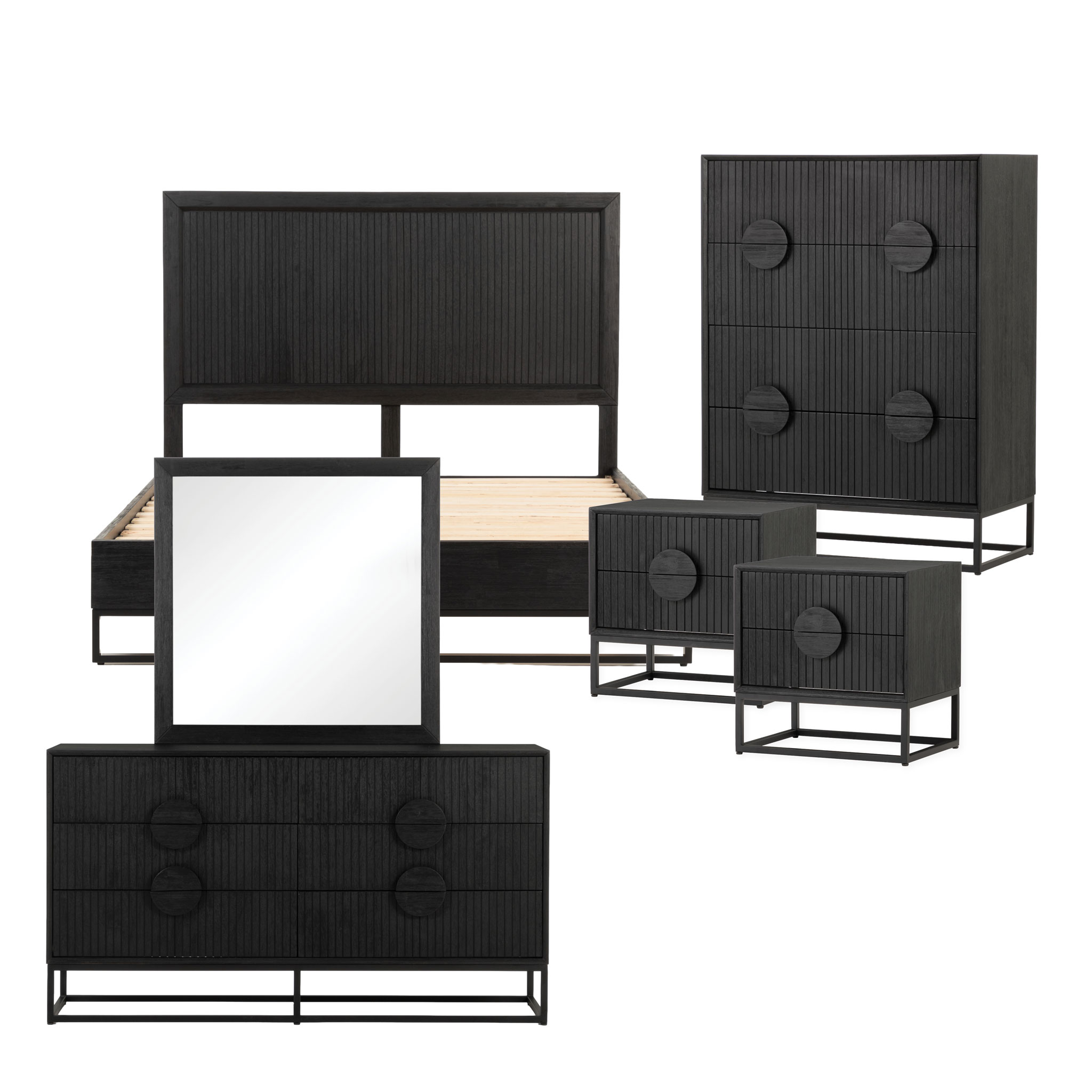 Anya 6 Piece Bedroom Set with Queen Bed Frame, Black