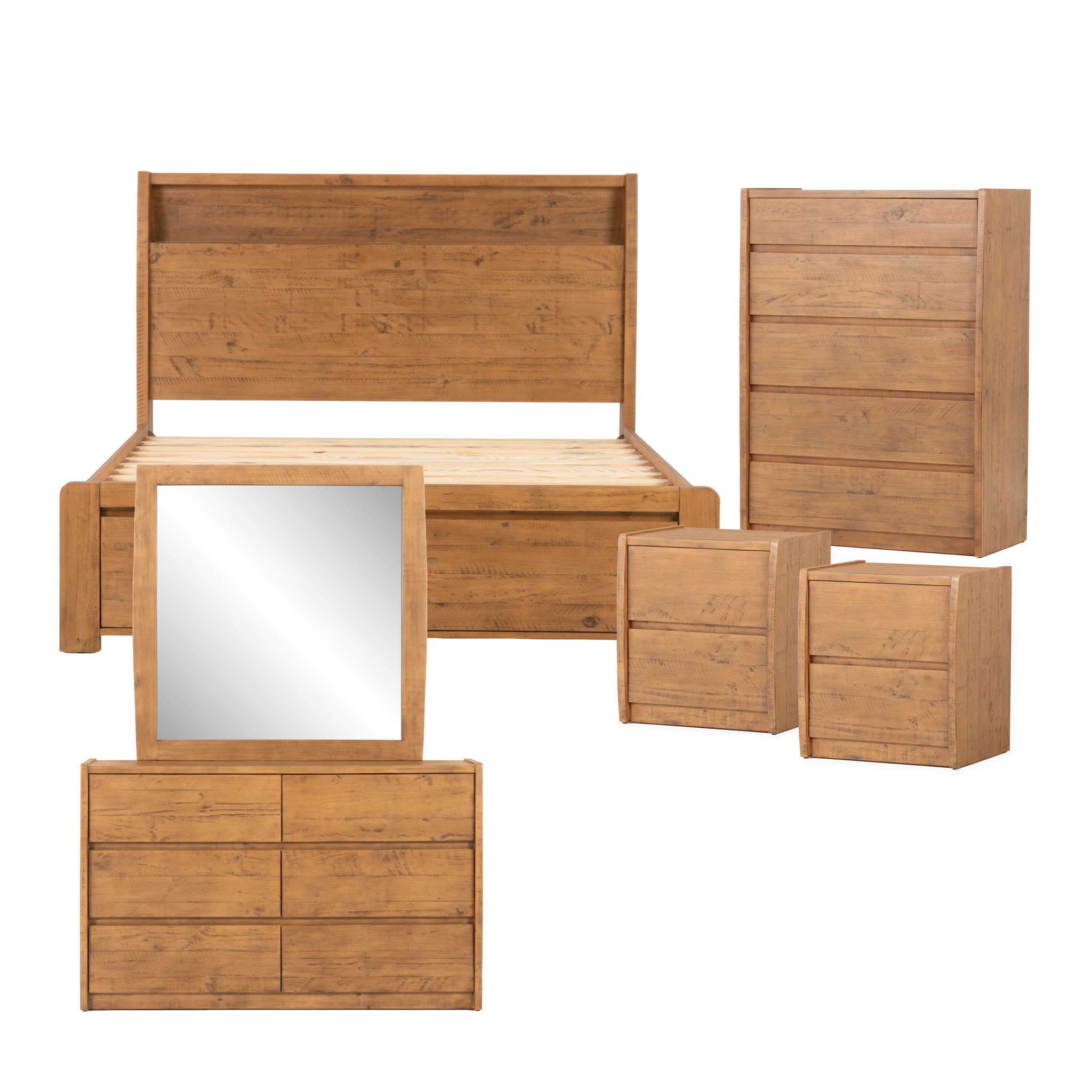 Ashby 6 Piece Bedroom Set with Queen Bed Frame, Rustic Brown
