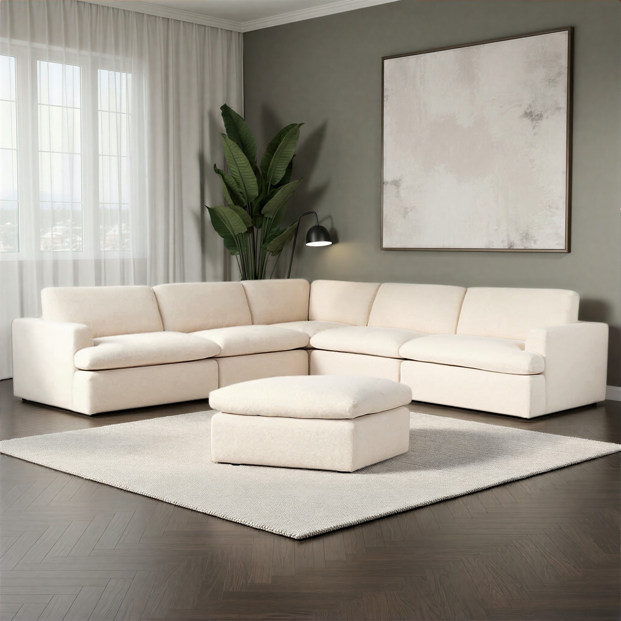 Ashleigh 5 Seater Corner Modular Sofa With Ottoman, Cream