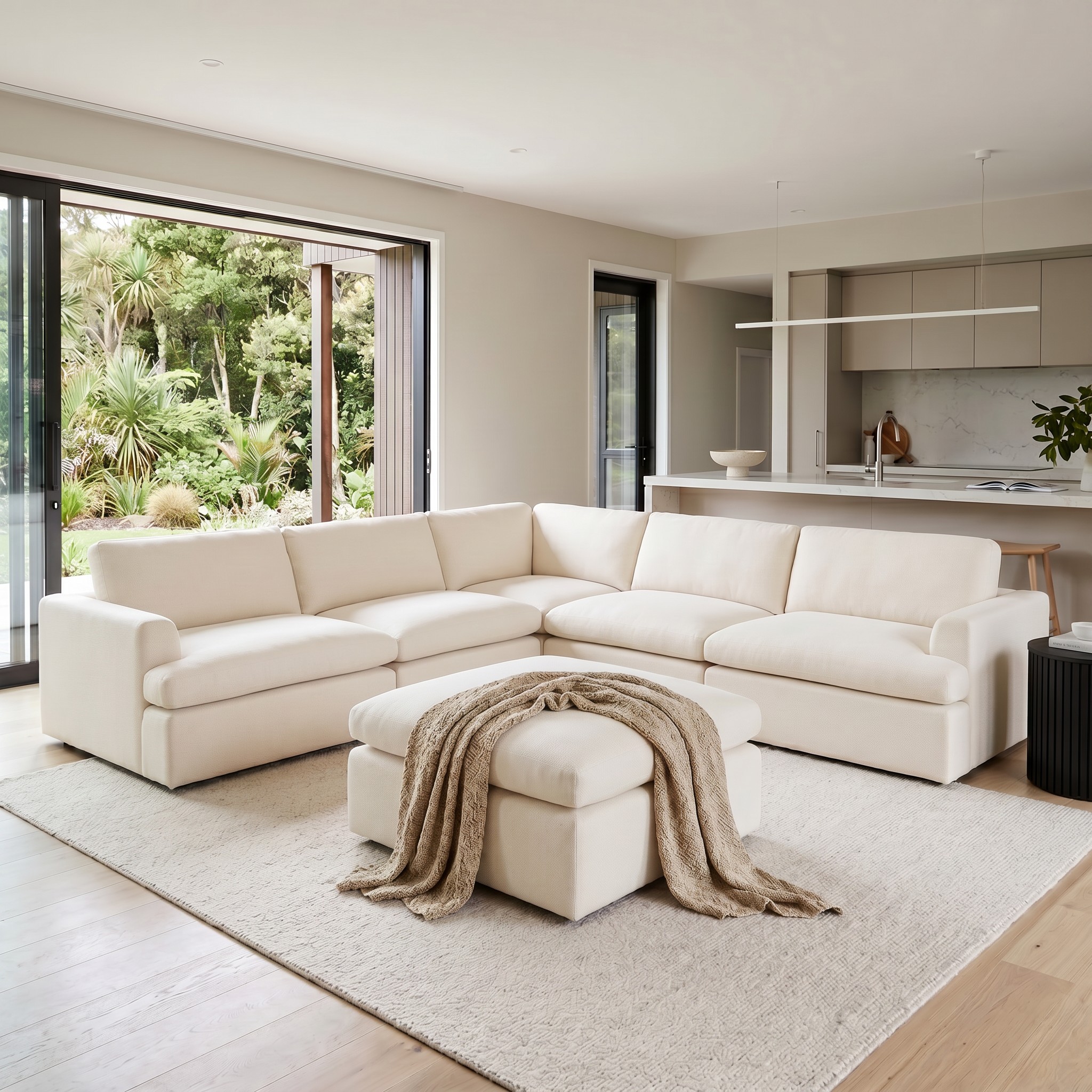 Ashleigh 5 Seater Corner Modular Sofa With Ottoman, Cream