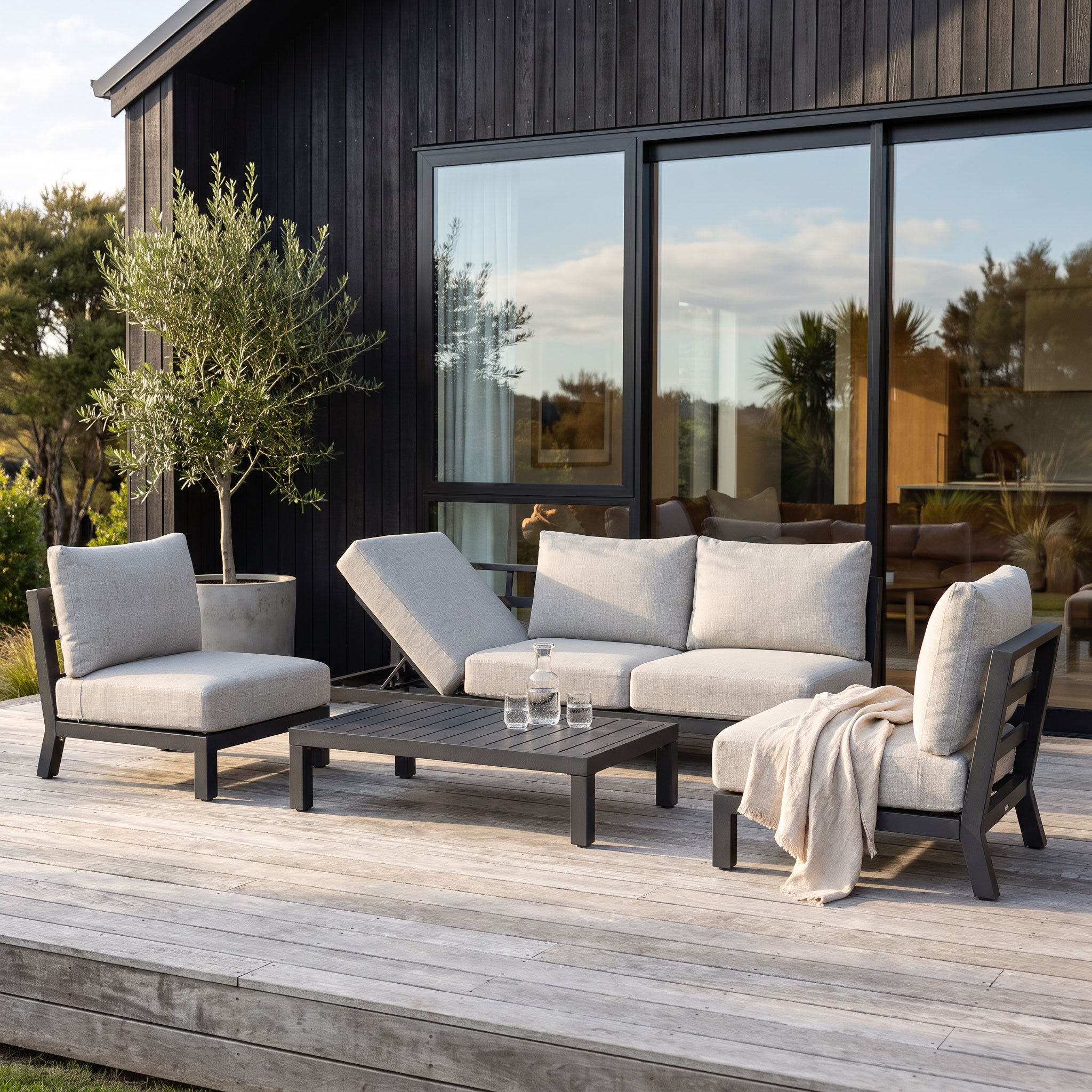 Catalina 4 Piece Outdoor Lounge Set With Sunlounger, Gunmetal