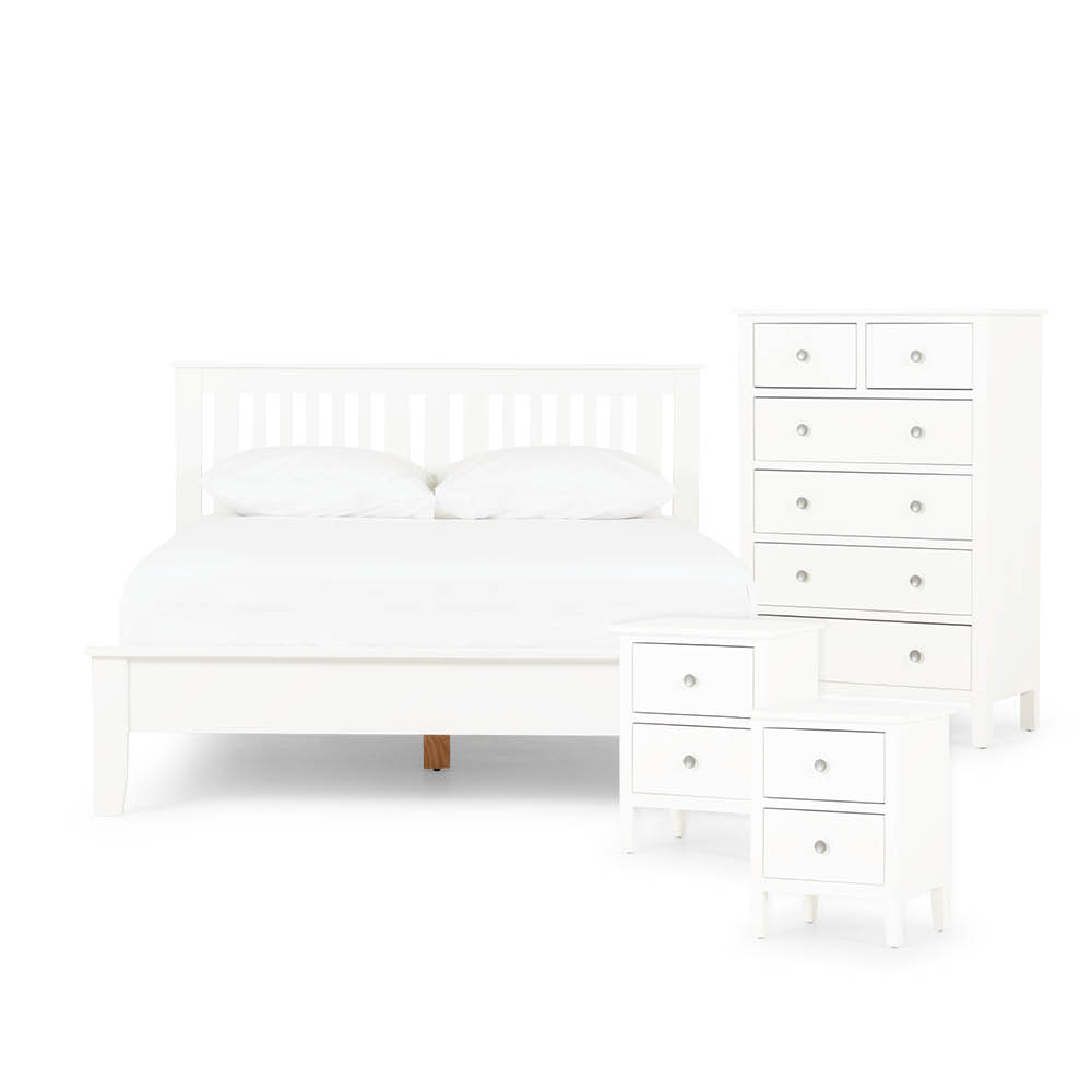 Chelsea 4 Piece Bedroom Set with Queen Bed Frame With 2 Drawers Bedside, White