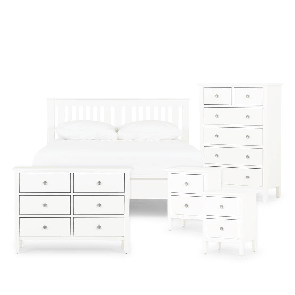 Chelsea 5 Piece Bedroom Set with Queen Bed Frame With 2 Drawers Bedside, White