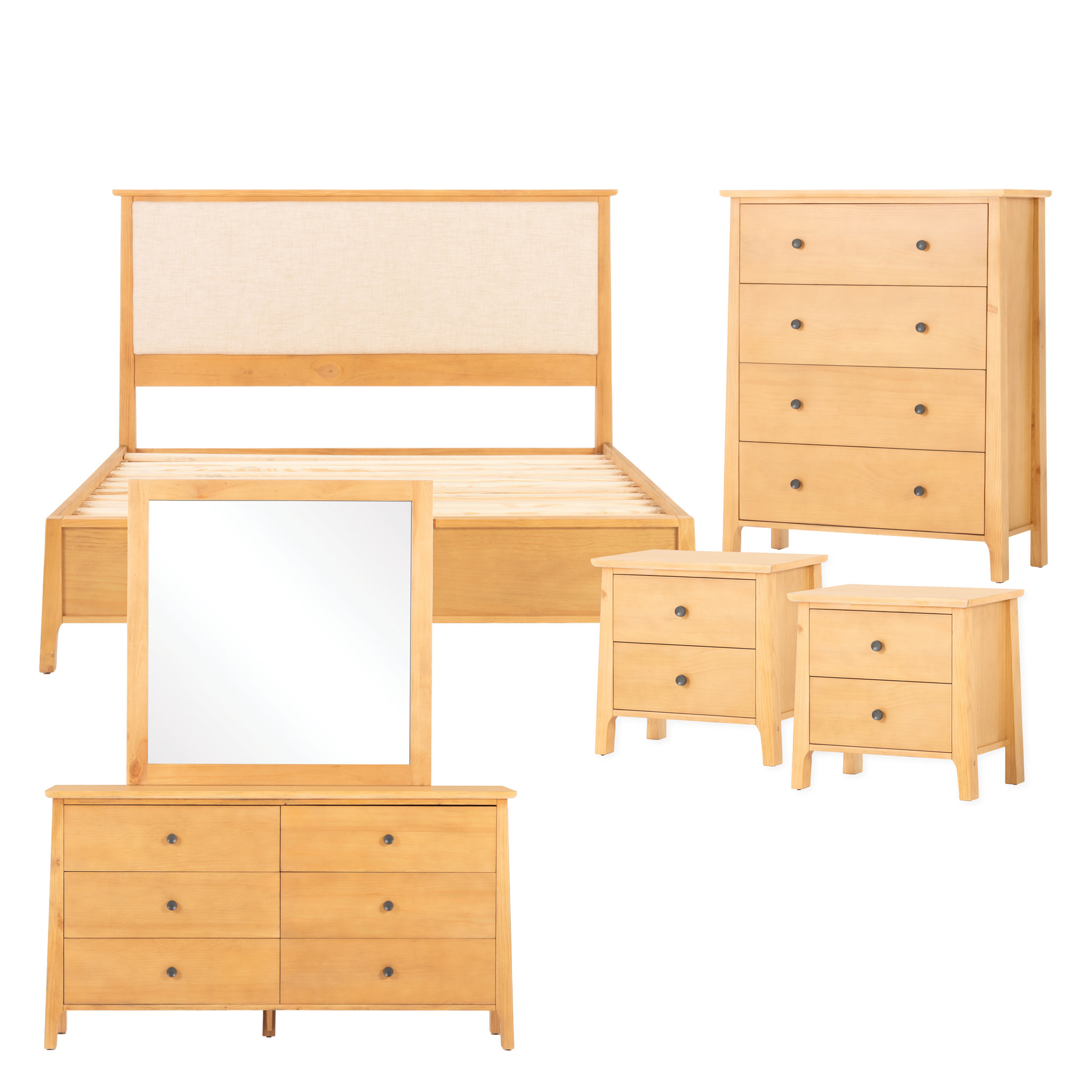 Emery 6 Piece Bedroom Set with Queen Bed Frame, Light