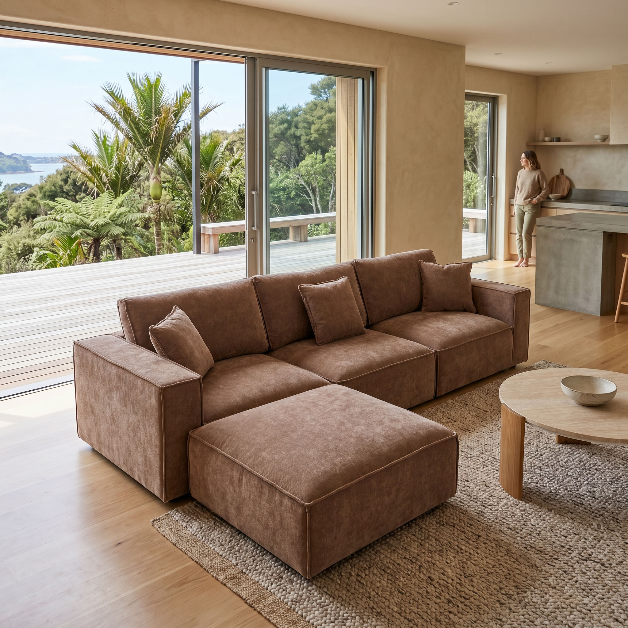 Kinsley 3 Seater Modular Sofa With Ottoman, Brown