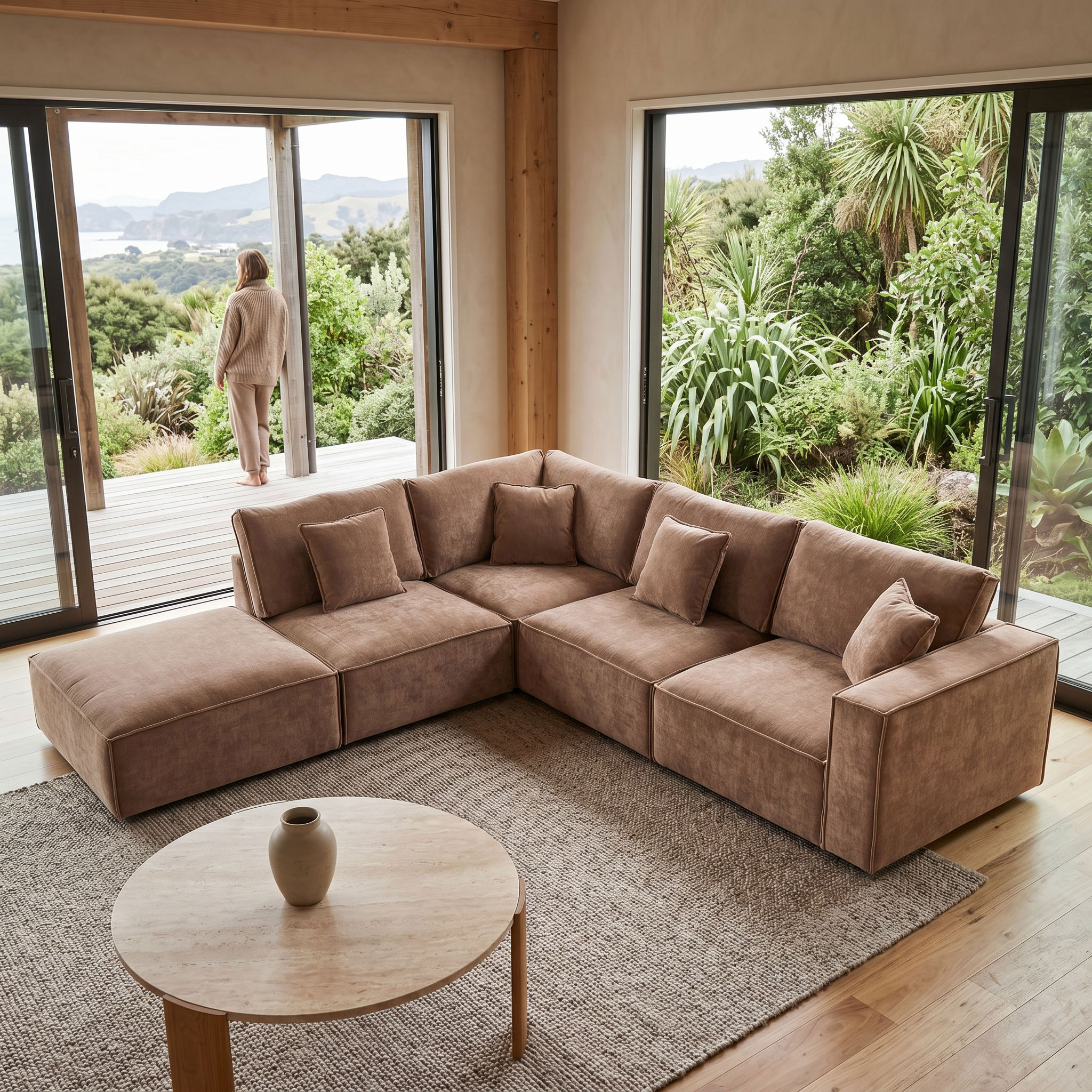 Kinsley 4 Seater Modular Left Hand Facing Corner Sofa with Ottoman, Brown