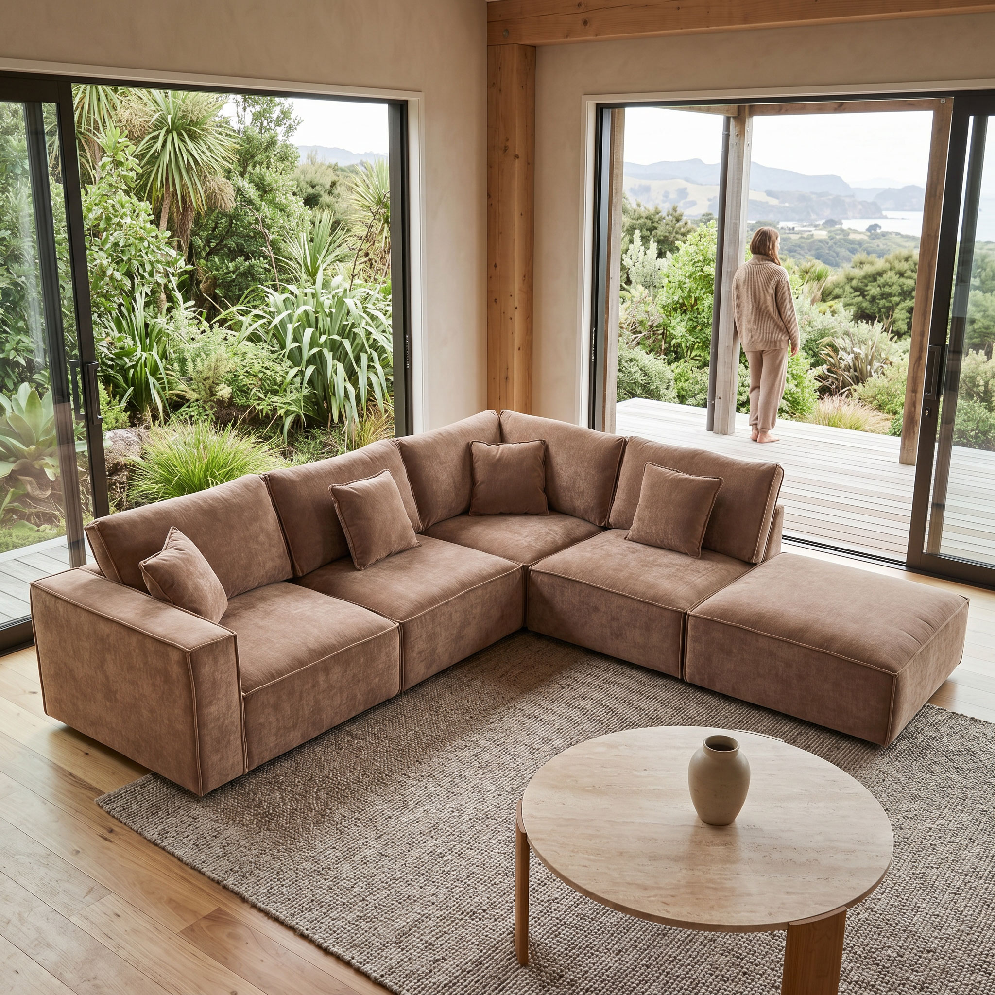 Kinsley 4 Seater Modular Right Hand Facing Corner Sofa with Ottoman, Brown
