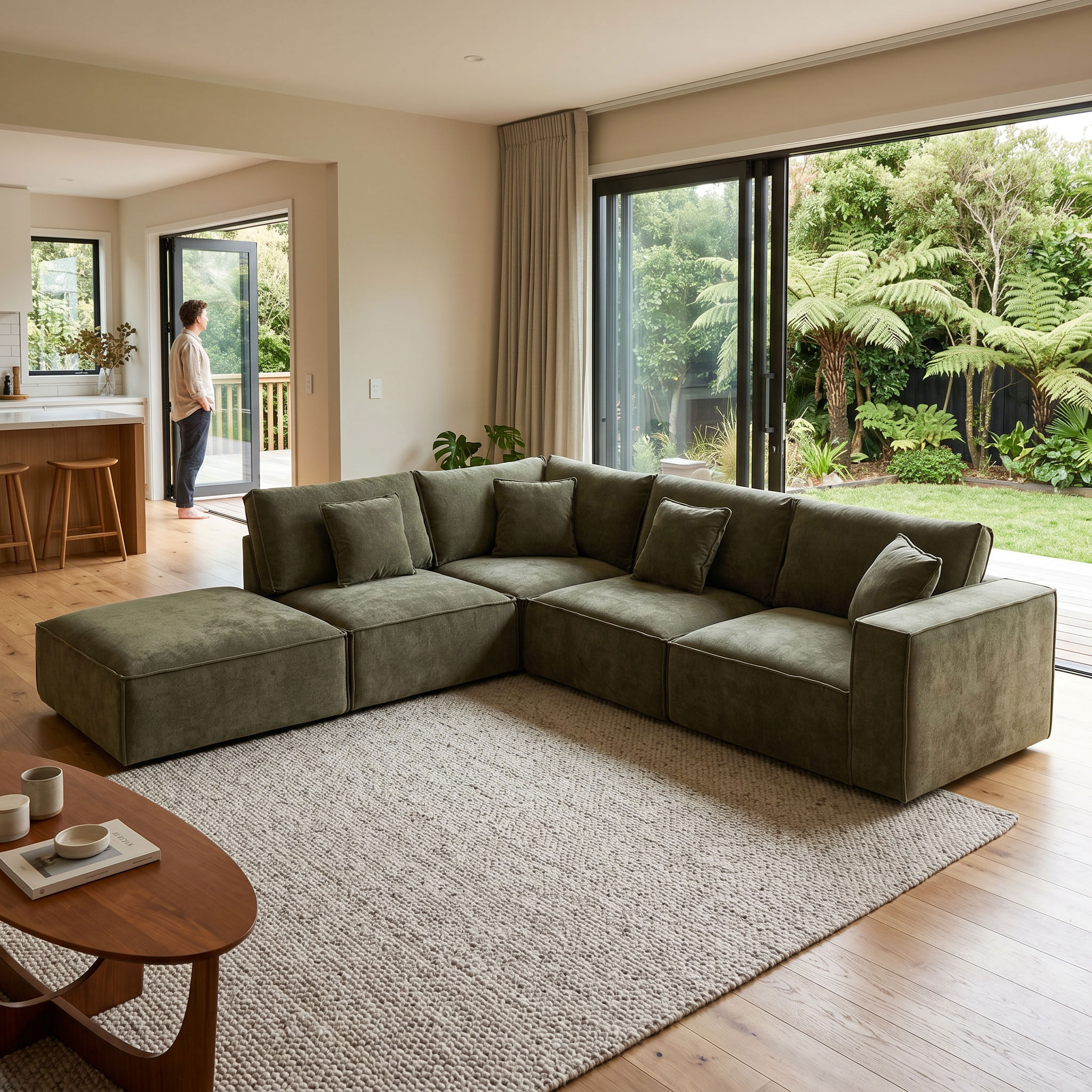 Kinsley 4 Seater Modular Left Hand Facing Corner Sofa with Ottoman, Green
