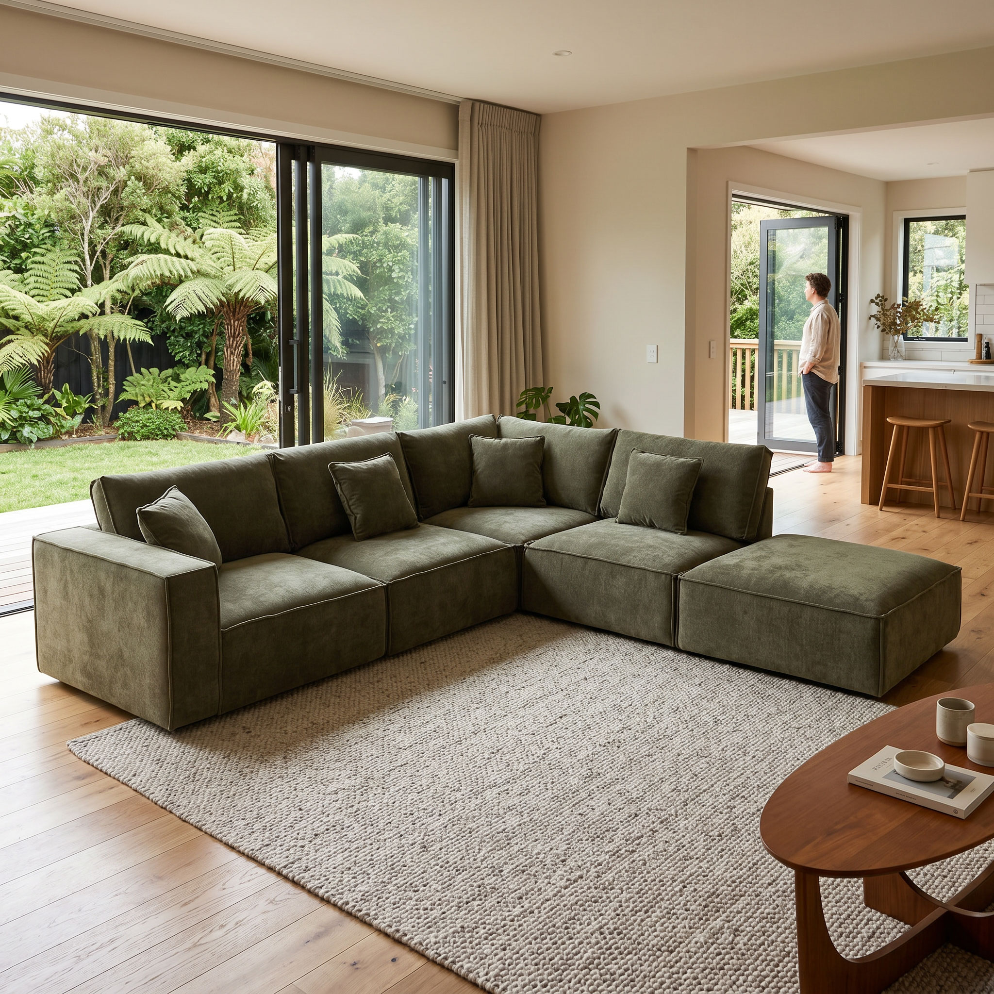Kinsley 4 Seater Modular Right Hand Facing Corner Sofa with Ottoman, Green