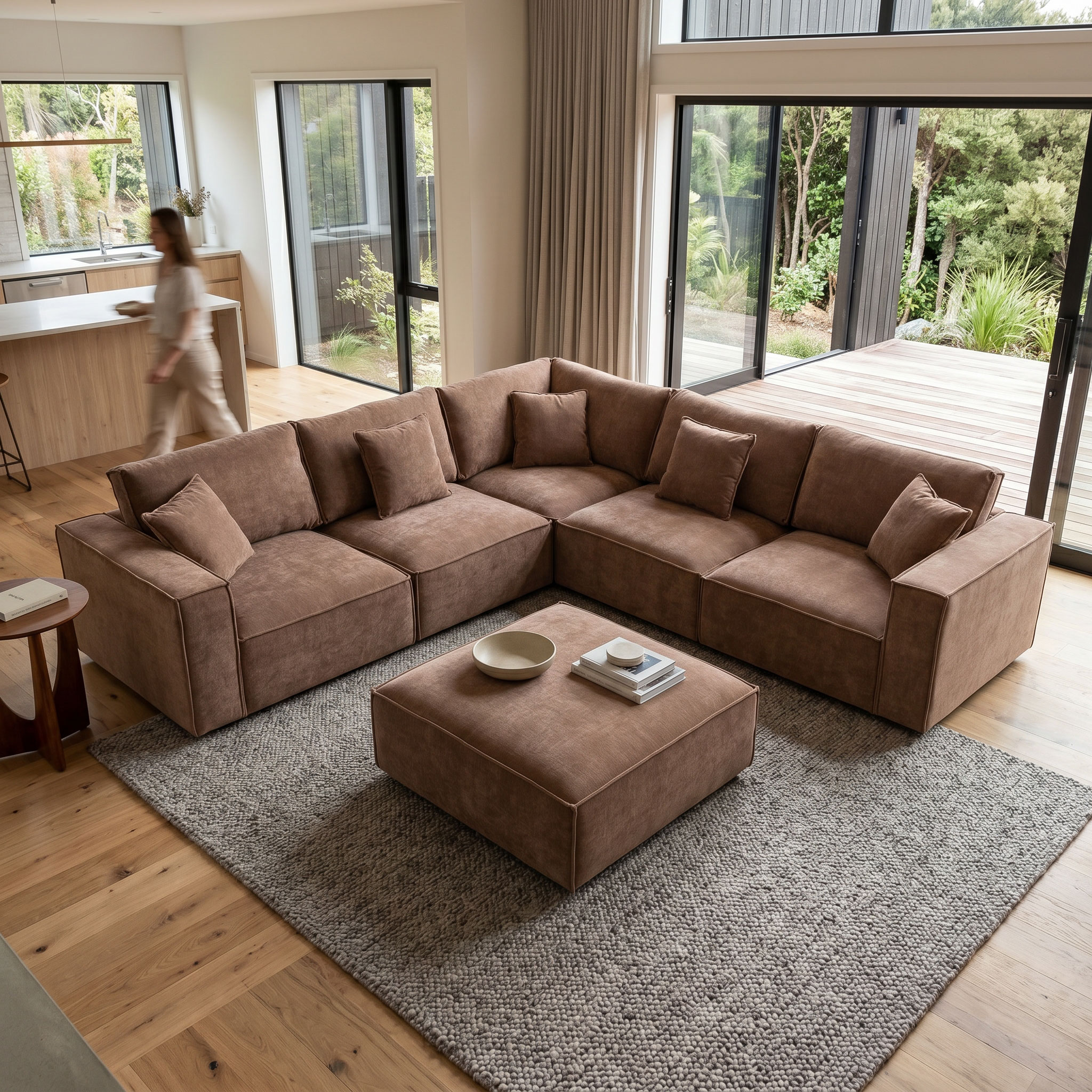 Kinsley 5 Seater Corner Modular Sofa With Ottoman, Brown