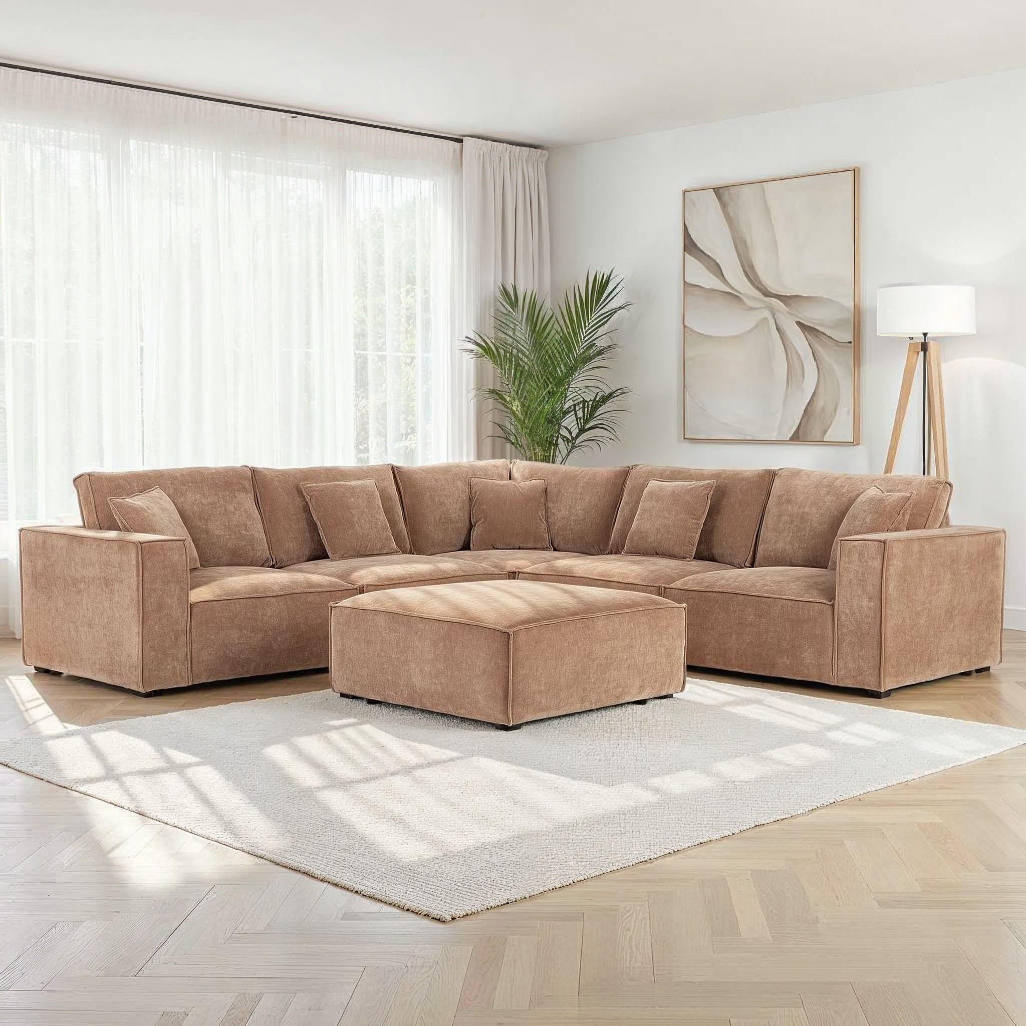 Kinsley 5 Seater Corner Modular Sofa With Ottoman, Brown