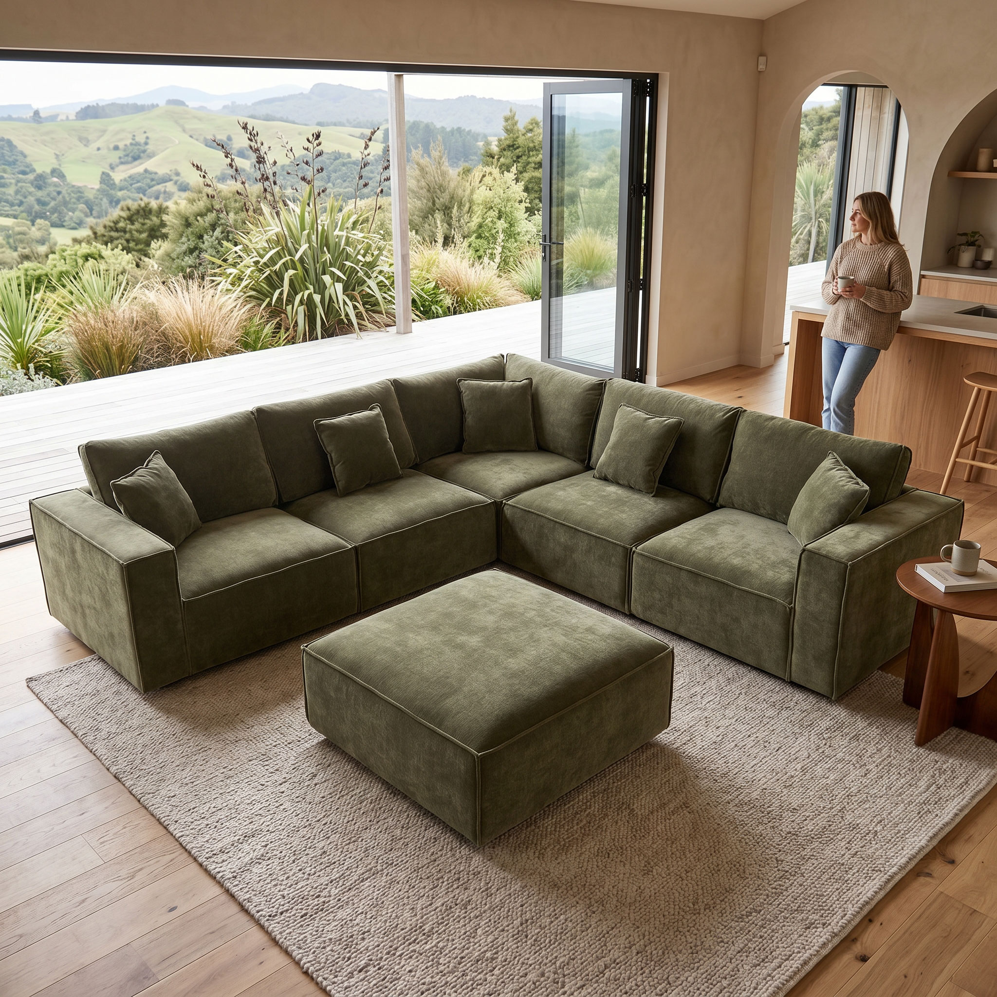 Kinsley 5 Seater Corner Modular Sofa With Ottoman, Green