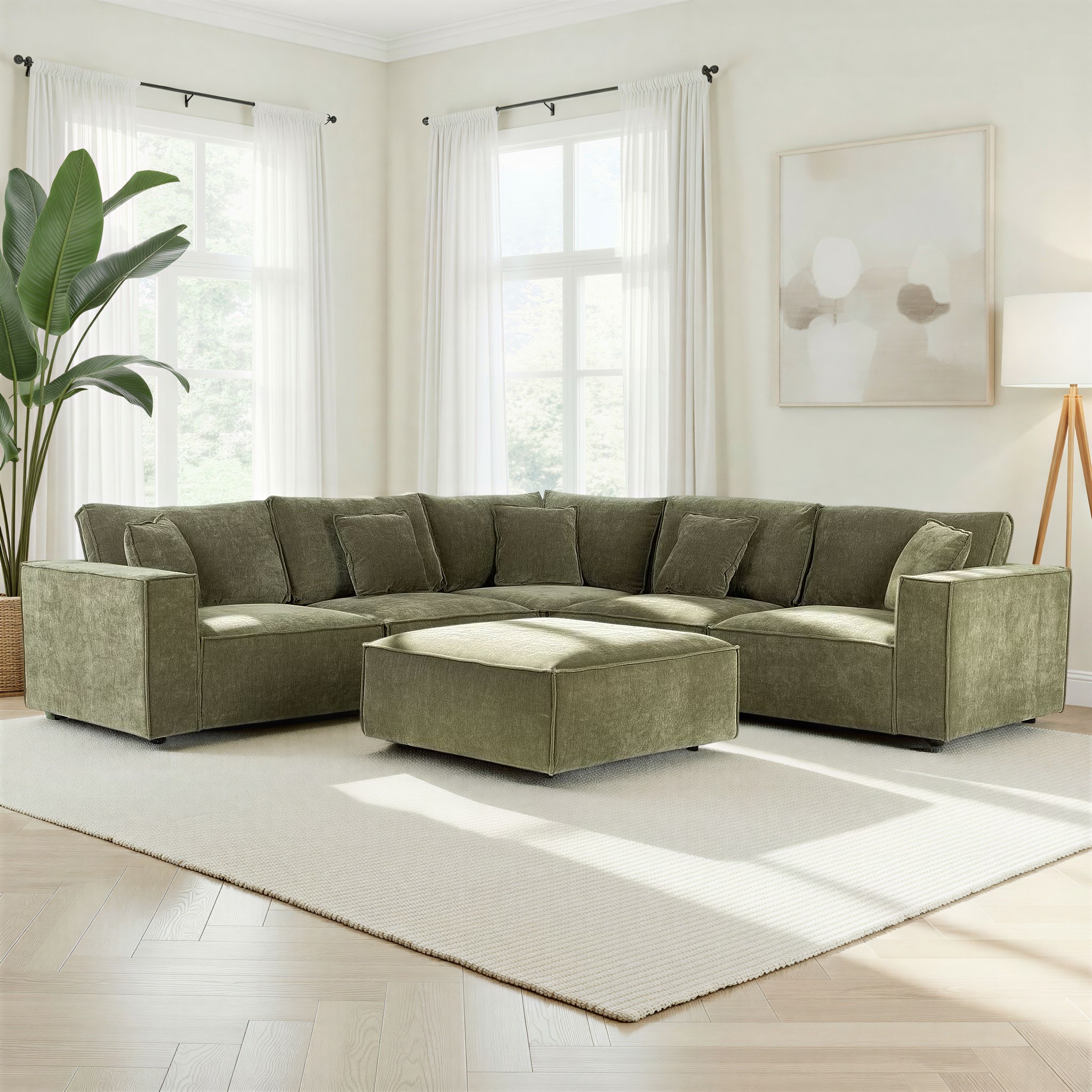 Kinsley 5 Seater Corner Modular Sofa With Ottoman, Green