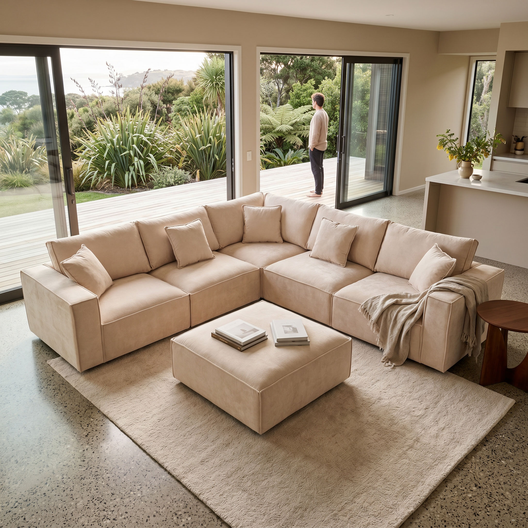 Kinsley 5 Seater Corner Modular Sofa With Ottoman, Natural