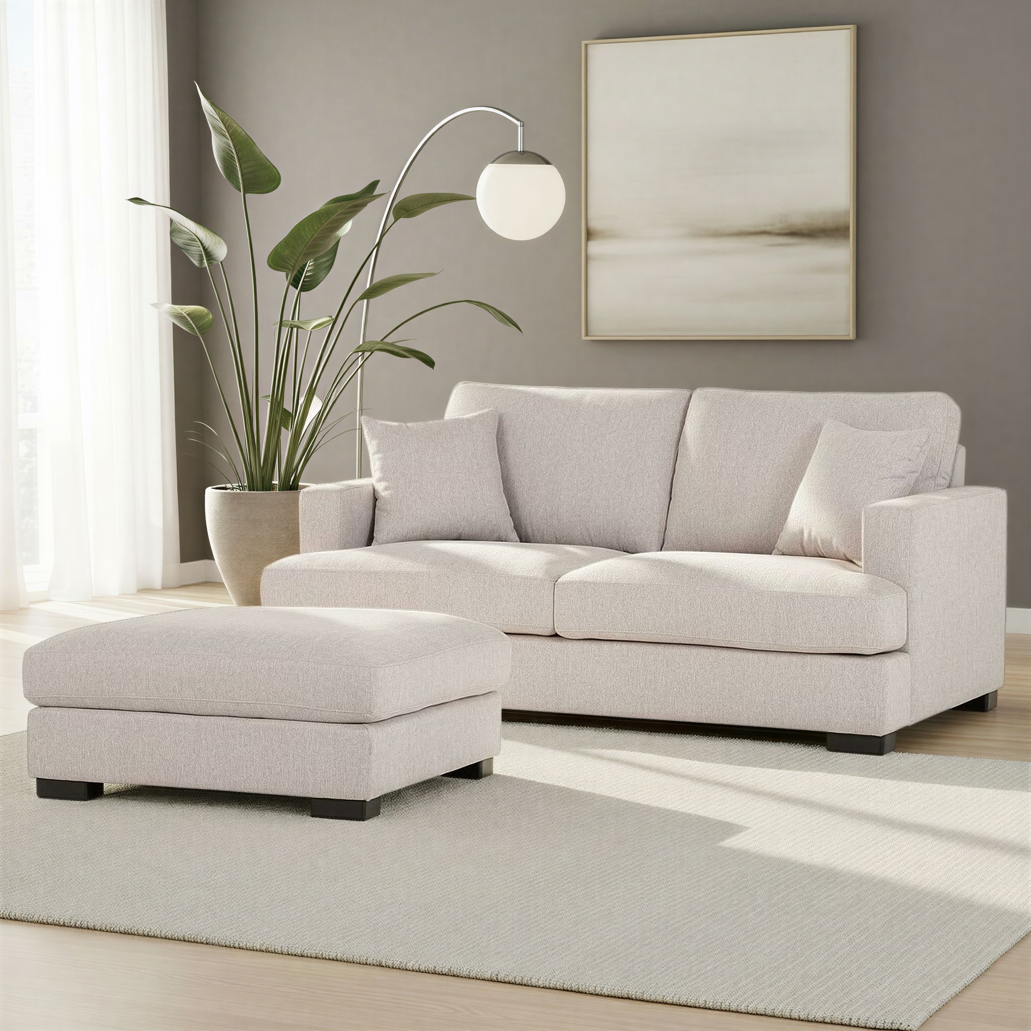Milana 2 Seater + Ottoman, Light Grey