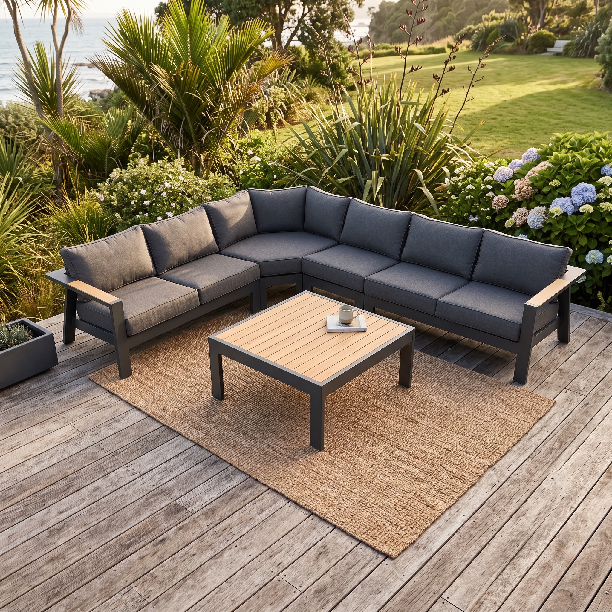 Palamea 5 Piece Outdoor Corner Lounge Set With Square Coffee Table, Gunmetal