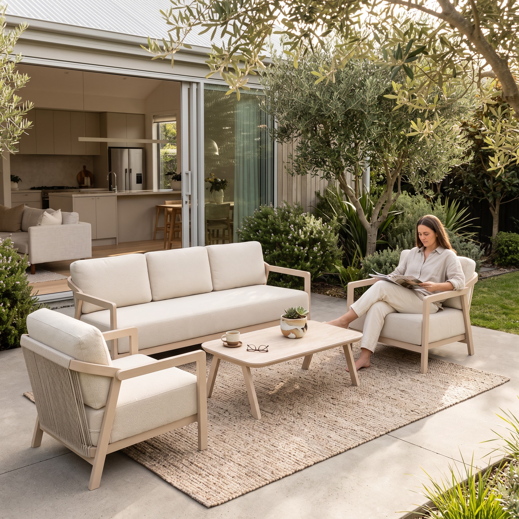 Rhodes 4 Piece Outdoor Lounge Set With Coffee Table - 3 Seater, Taupe