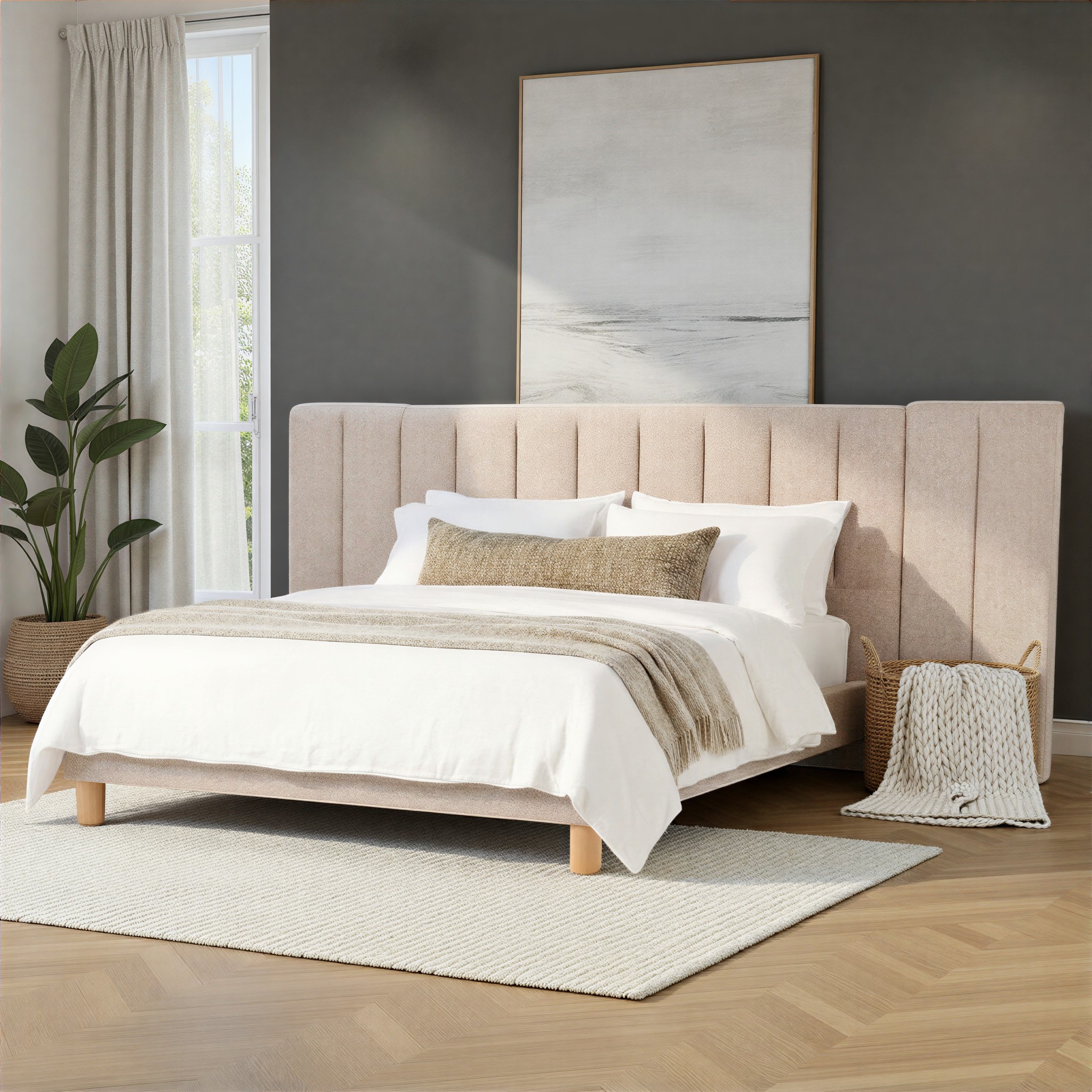 Riley King Bed Frame With Wings, Beige