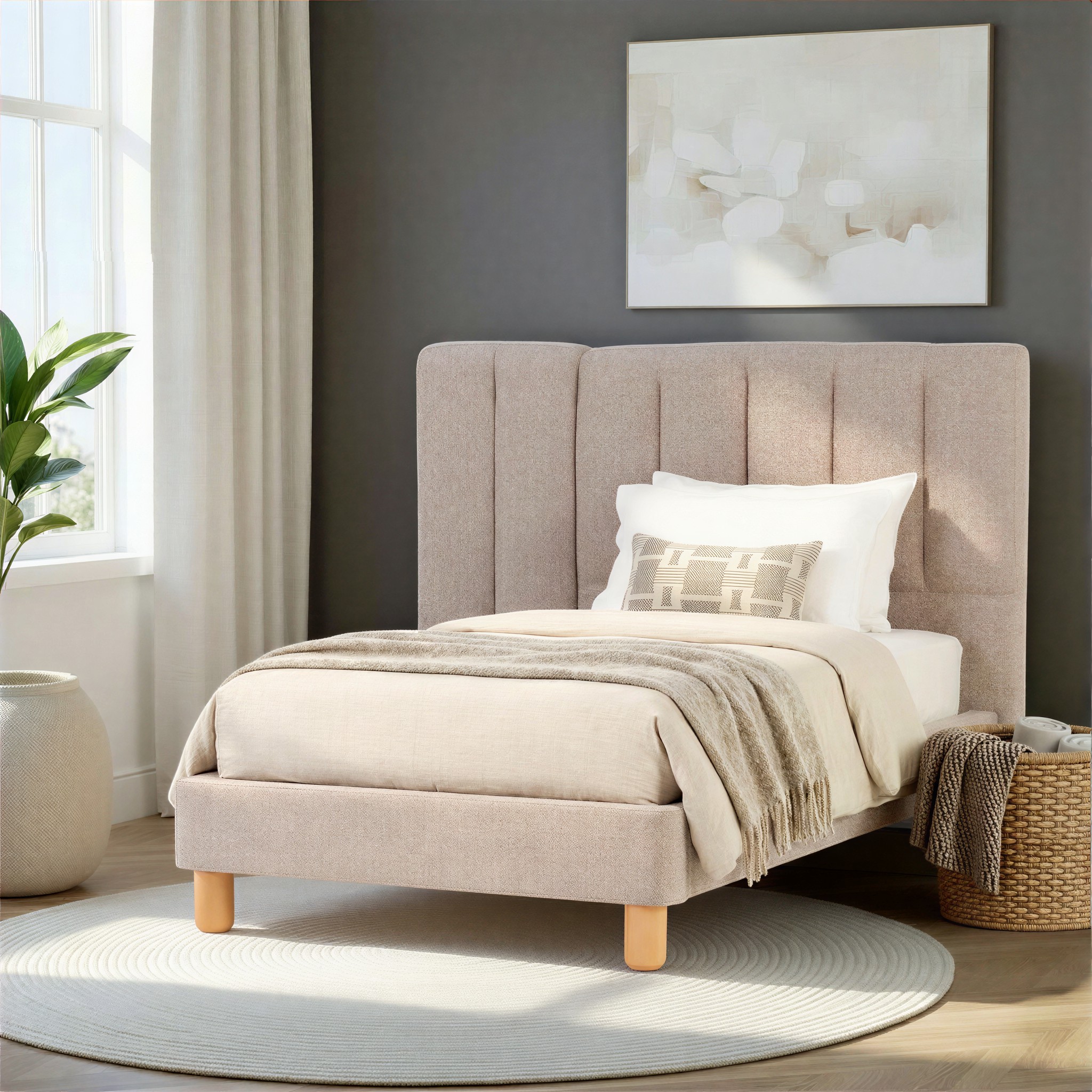 Riley King Single Bed Frame With Wings, Beige