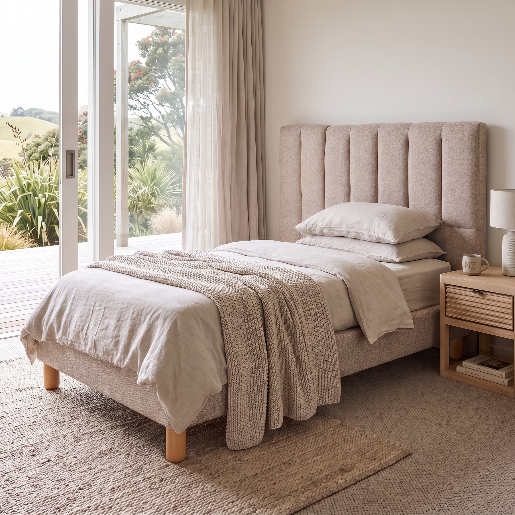 Riley King Single Bed Frame With Wings, Beige