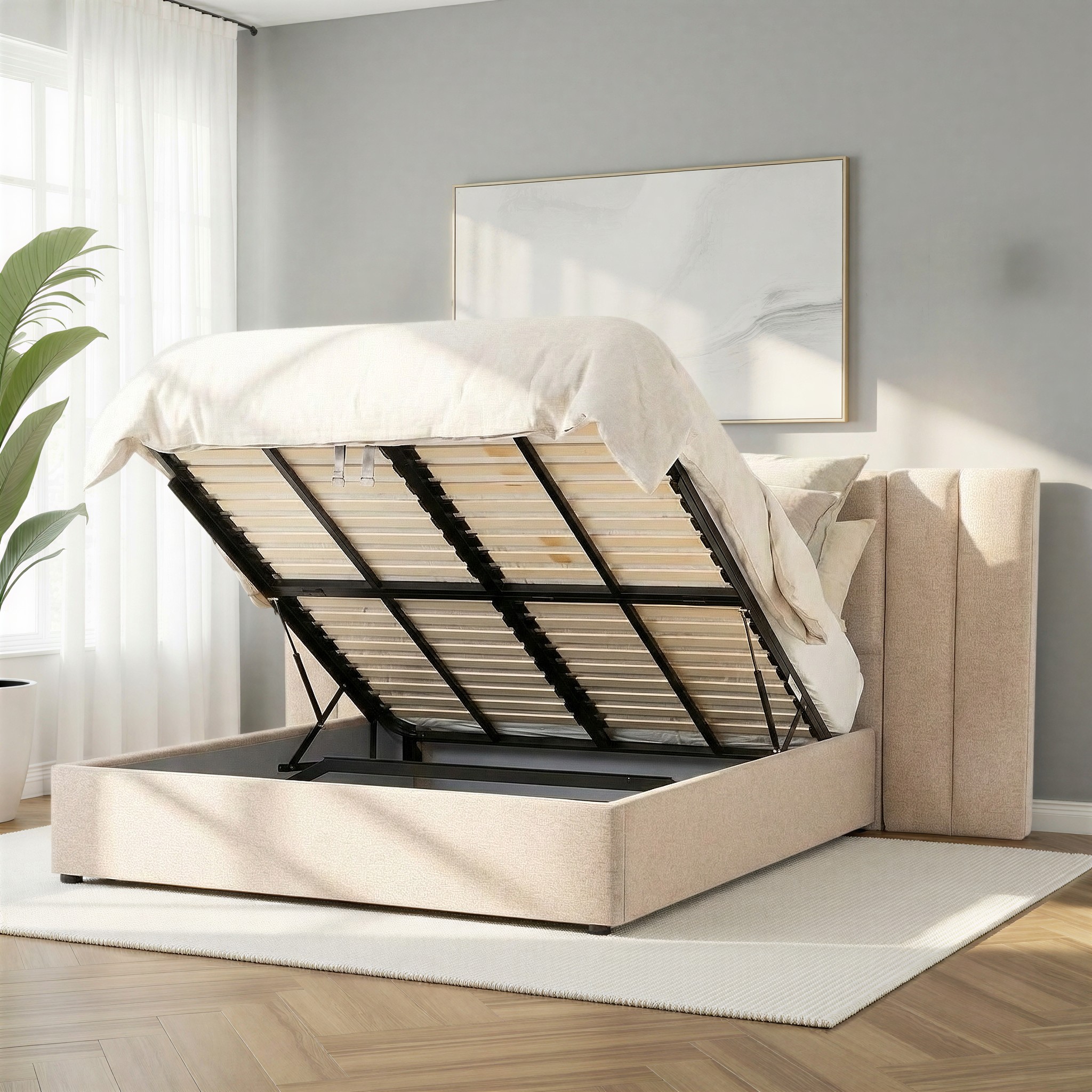 Riley Lift Up King Bed Frame With Wings, Beige
