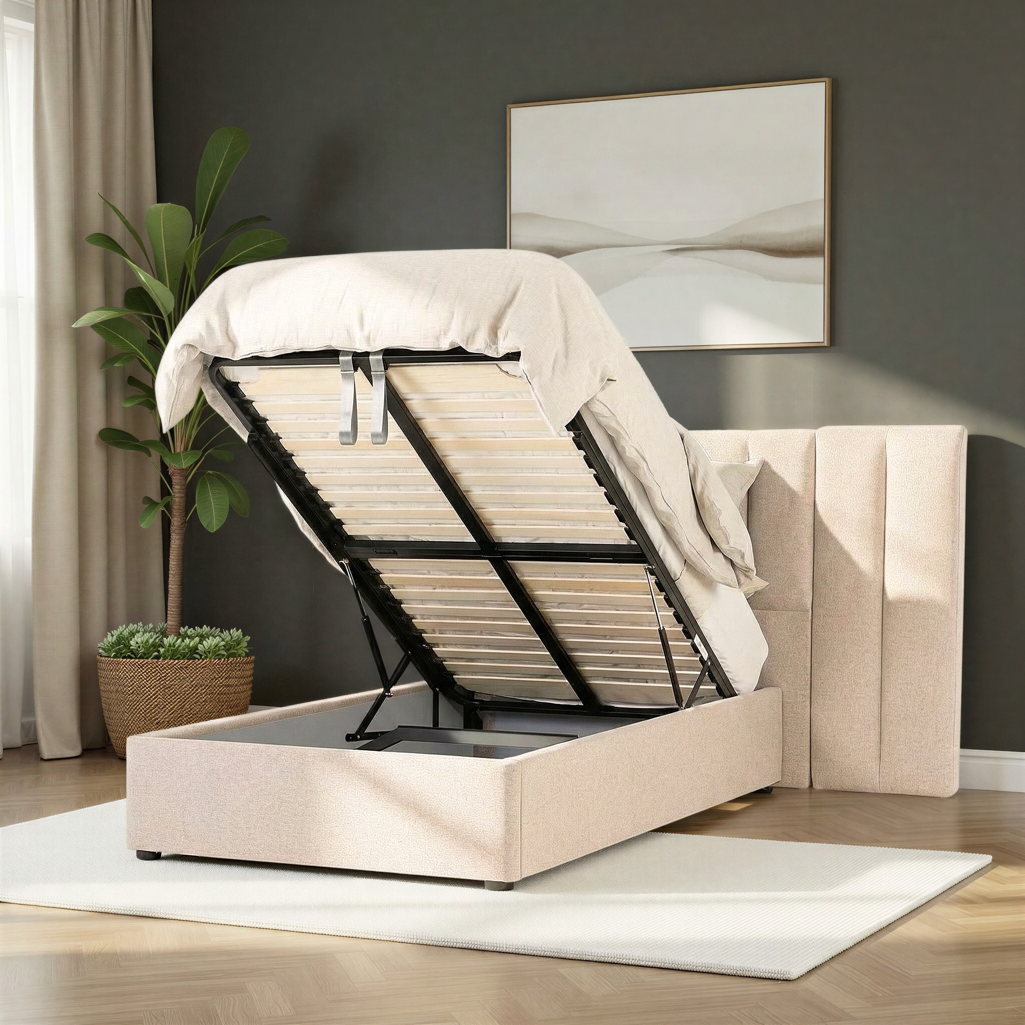Riley Lift Up King Single Bed Frame With Wings, Beige