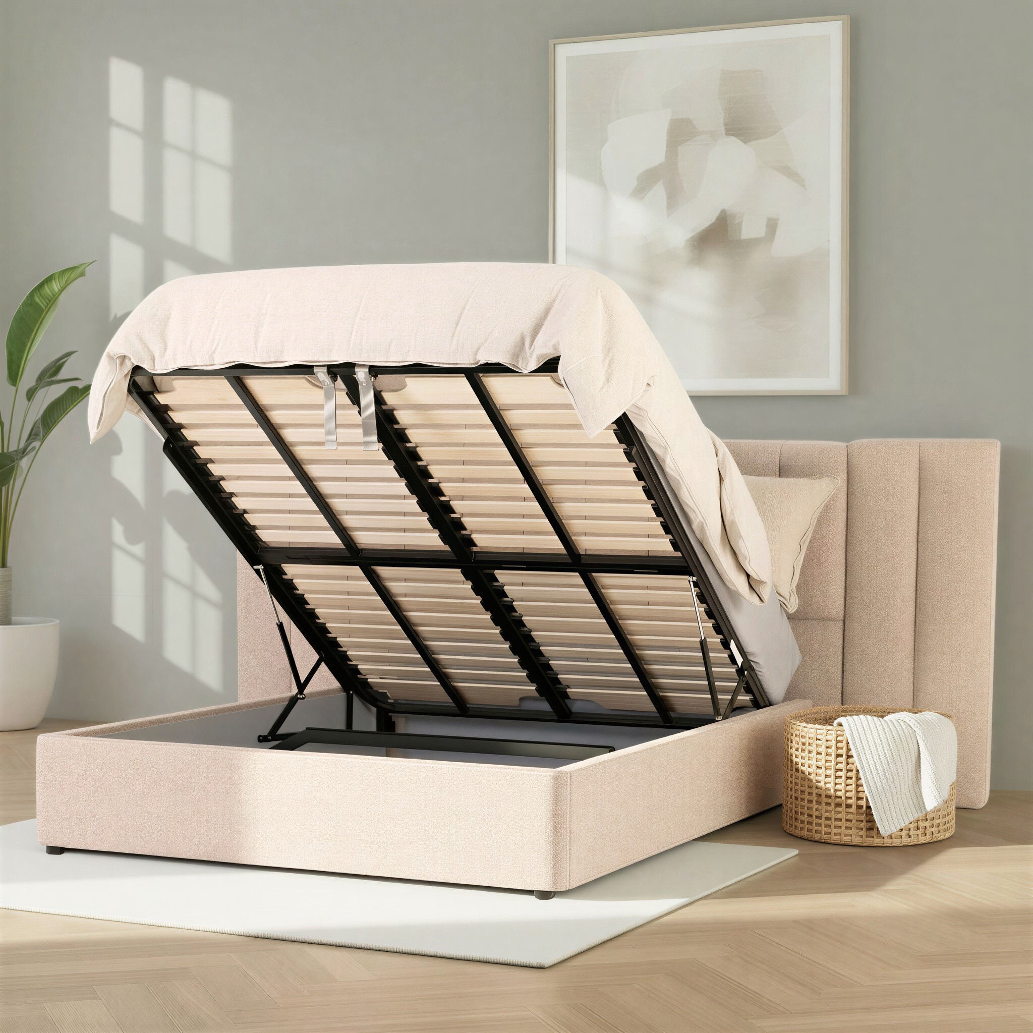 Riley Lift Up Queen Bed Frame With Wings, Beige
