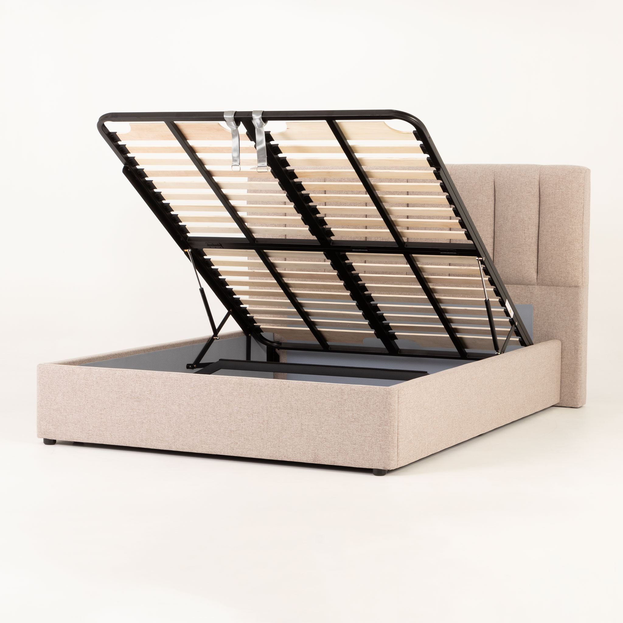 Riley Lift Up Queen Bed Frame With Wings, Beige