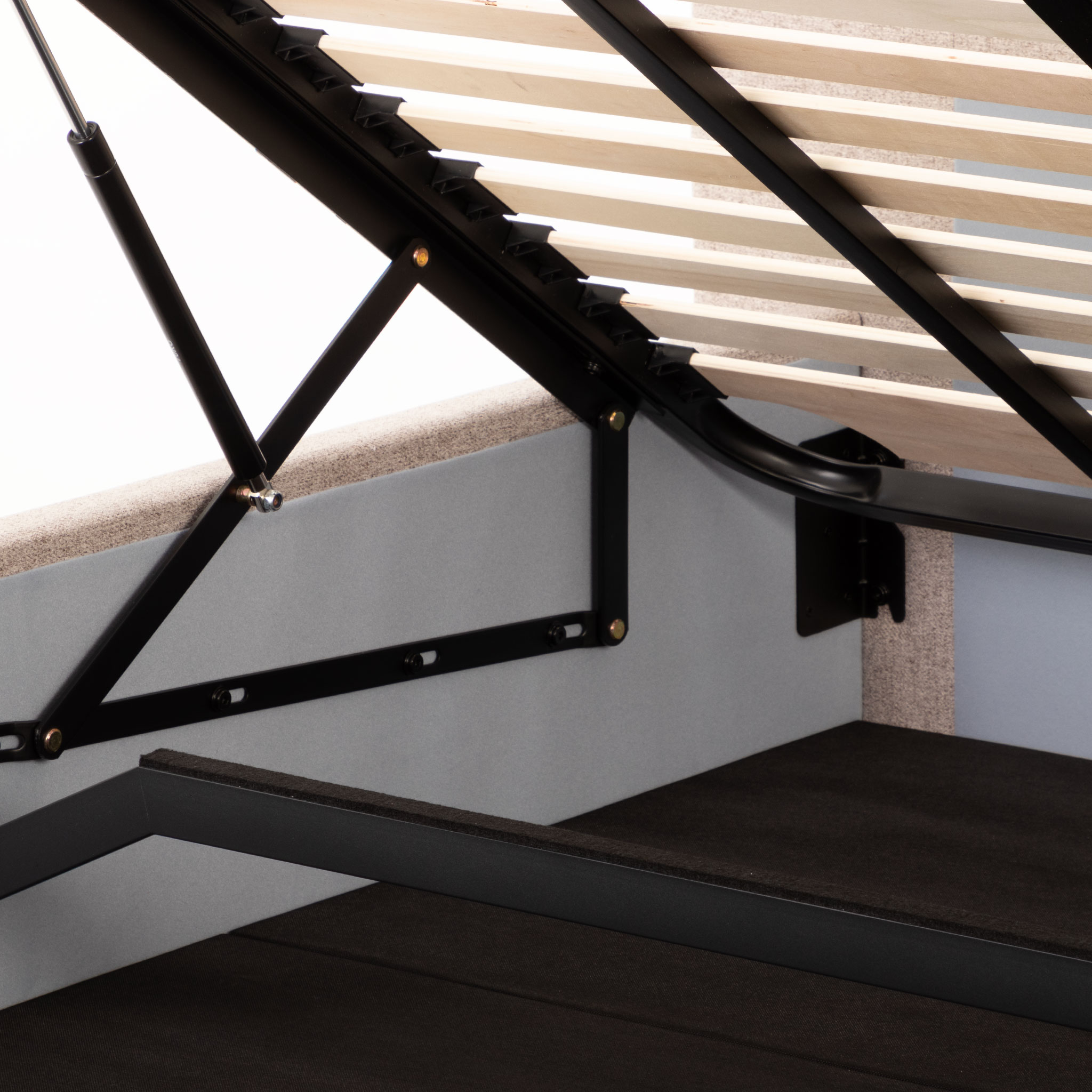 Riley Lift Up Queen Bed Frame With Wings, Beige