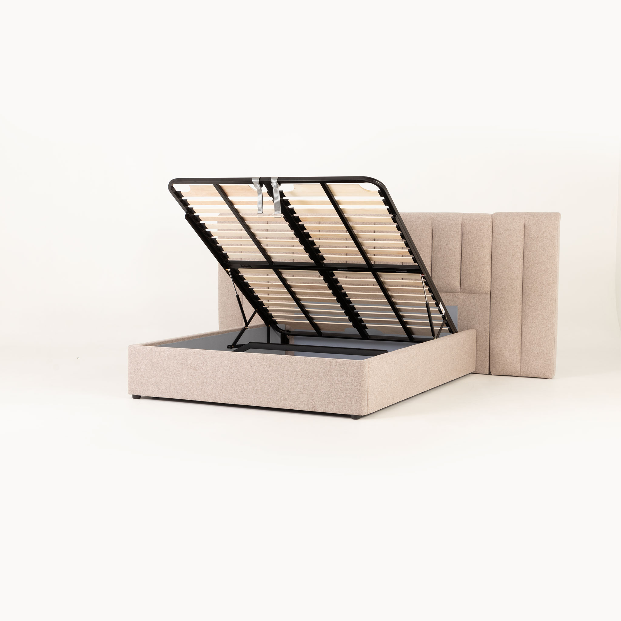 Riley Lift Up Queen Bed Frame With Wings, Beige