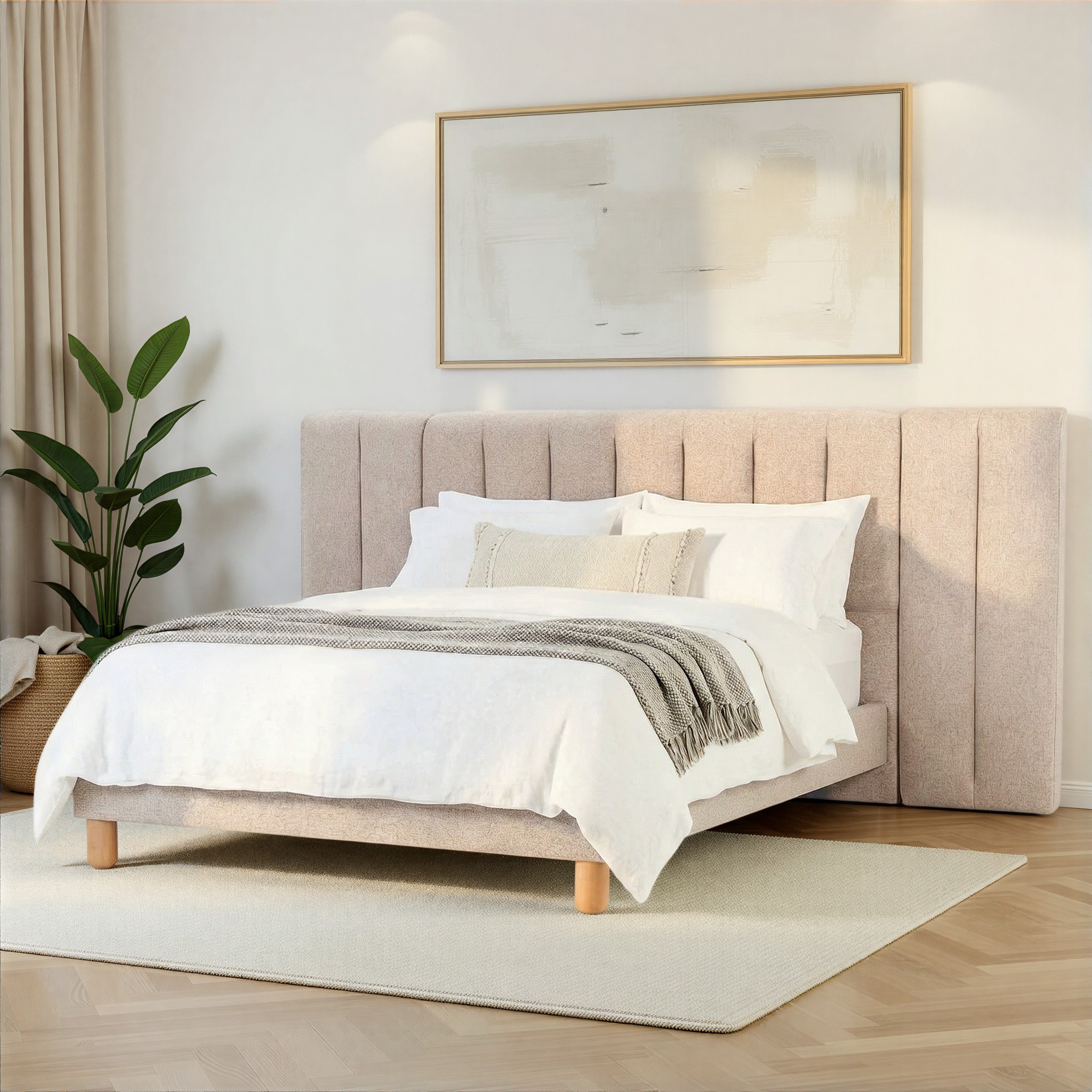 Riley Queen Bed Frame With Wings, Beige