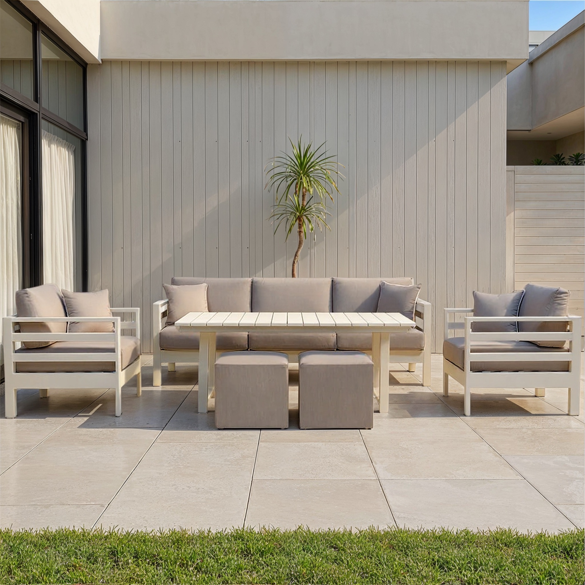 Venus Outdoor Lounge/Low Dining Set With Sassy Footstools - W159, White