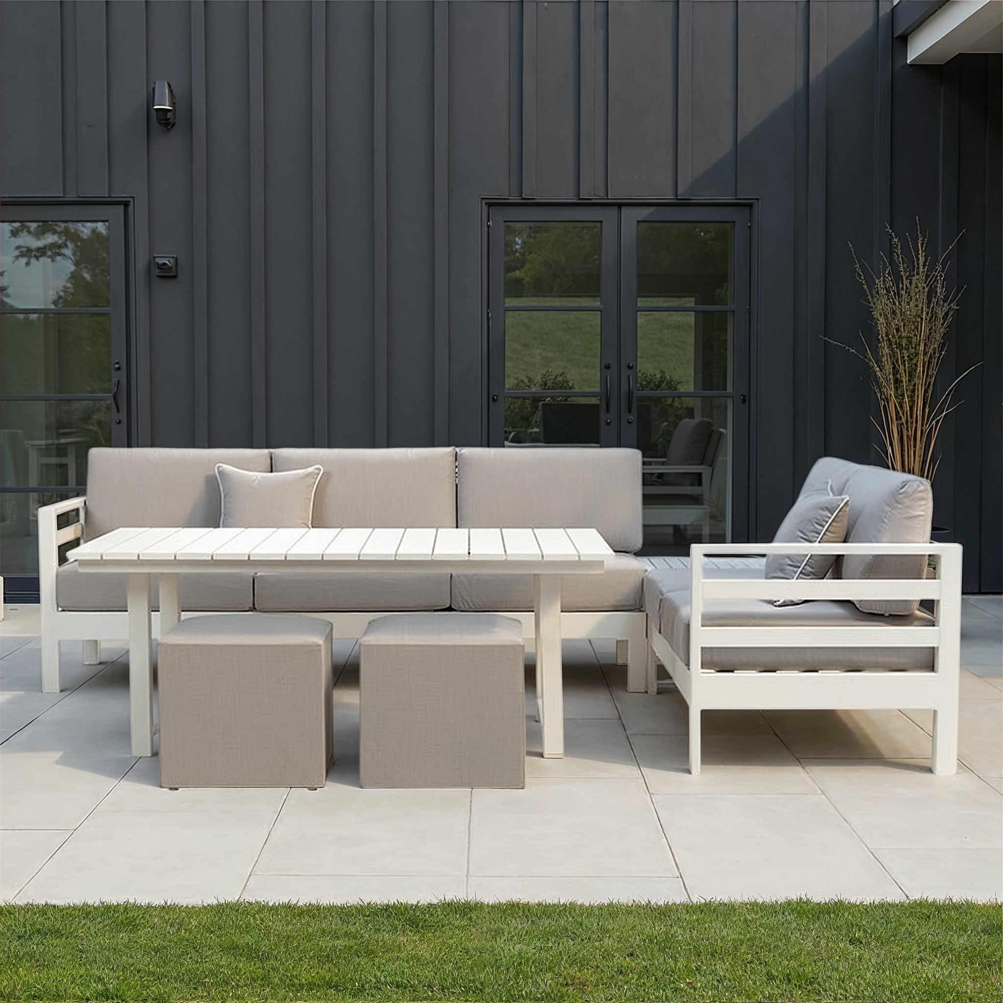Venus Corner Outdoor Lounge/Low Dining Set With Sassy Footstools - W159, White