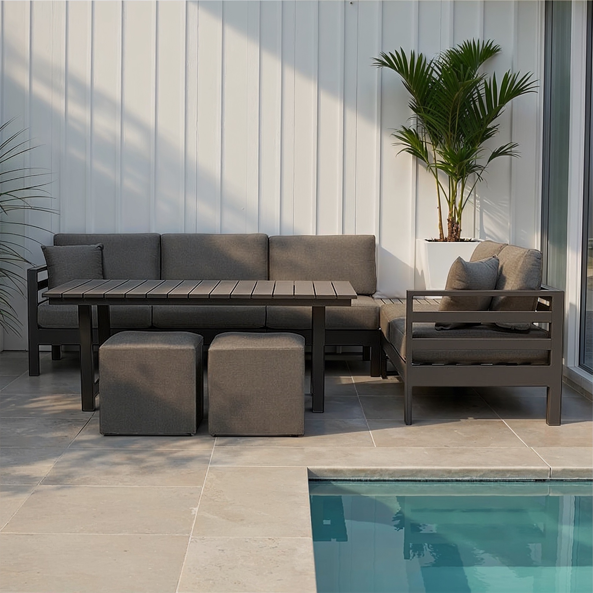 Venus Corner Outdoor Lounge/Low Dining Set With Sassy Footstools - W159, Gunmetal