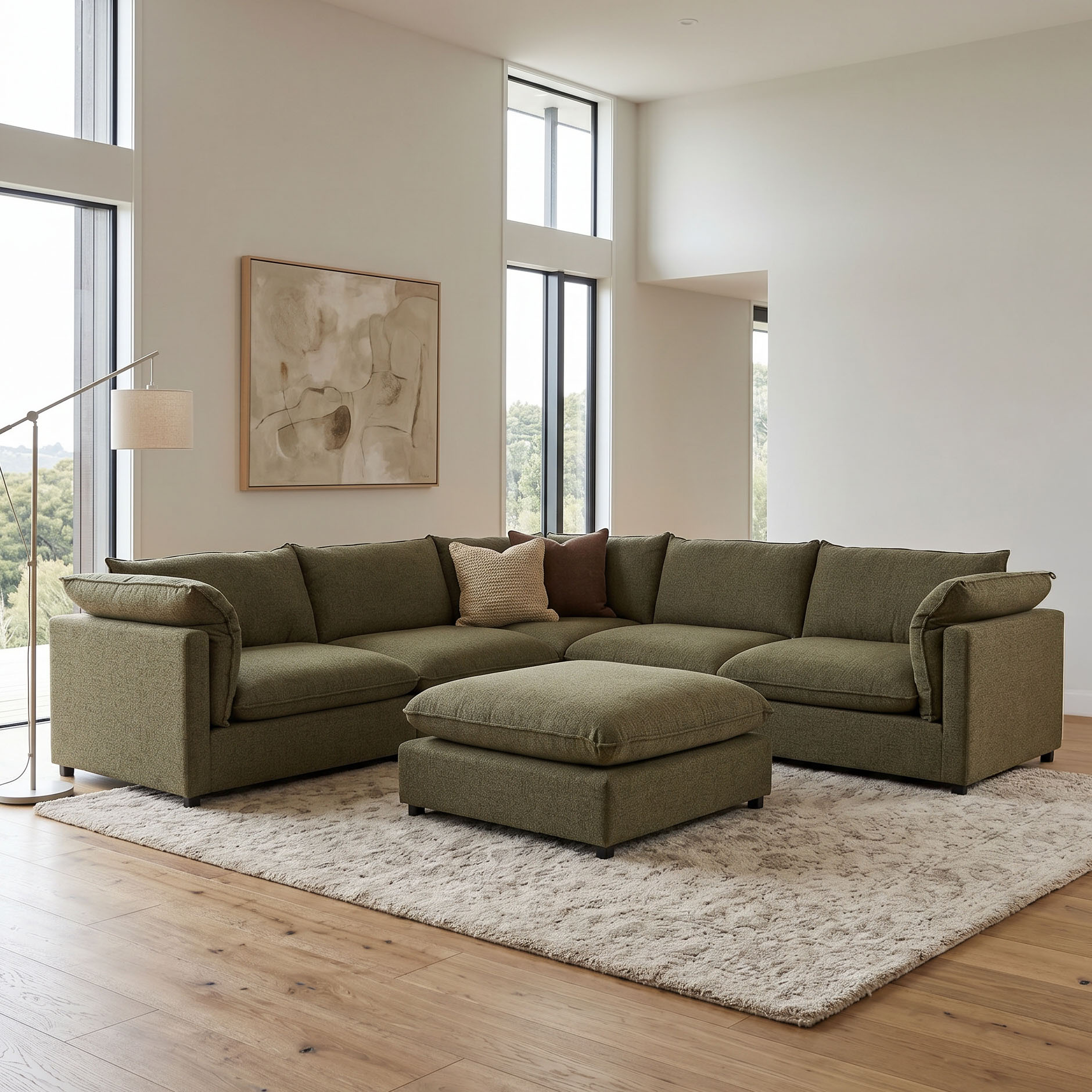 Zoey 5 Seater Corner Modular Sofa With Ottoman, Green