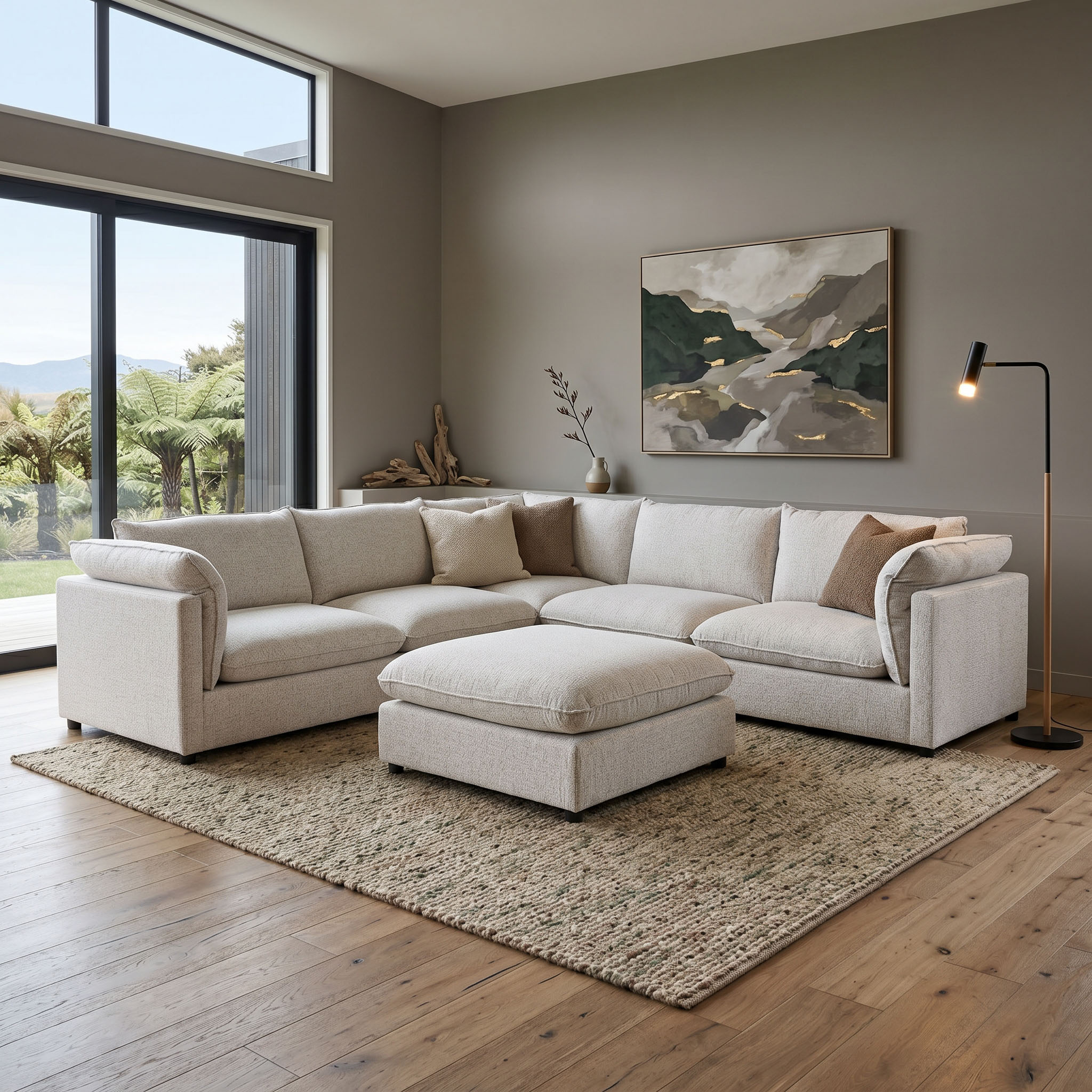Zoey 5 Seater Corner Modular Sofa With Ottoman, Natural