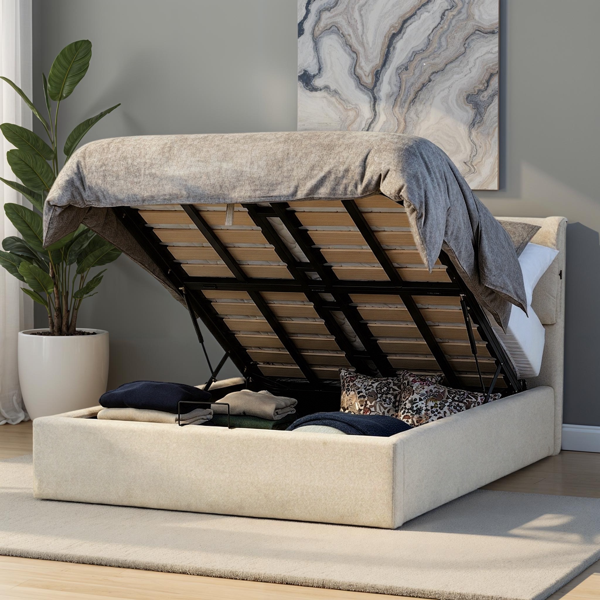 Sabina Lift Up Queen Bed Frame, Oatmeal