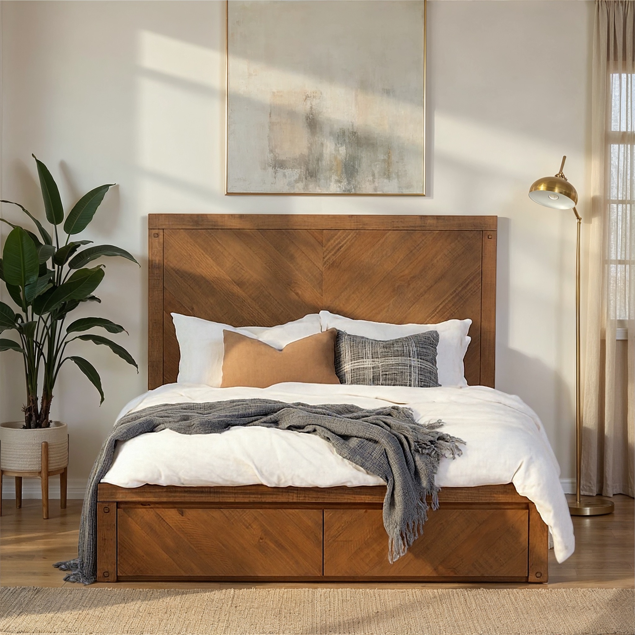 Chevron Queen Bed Frame with Storage, Pine