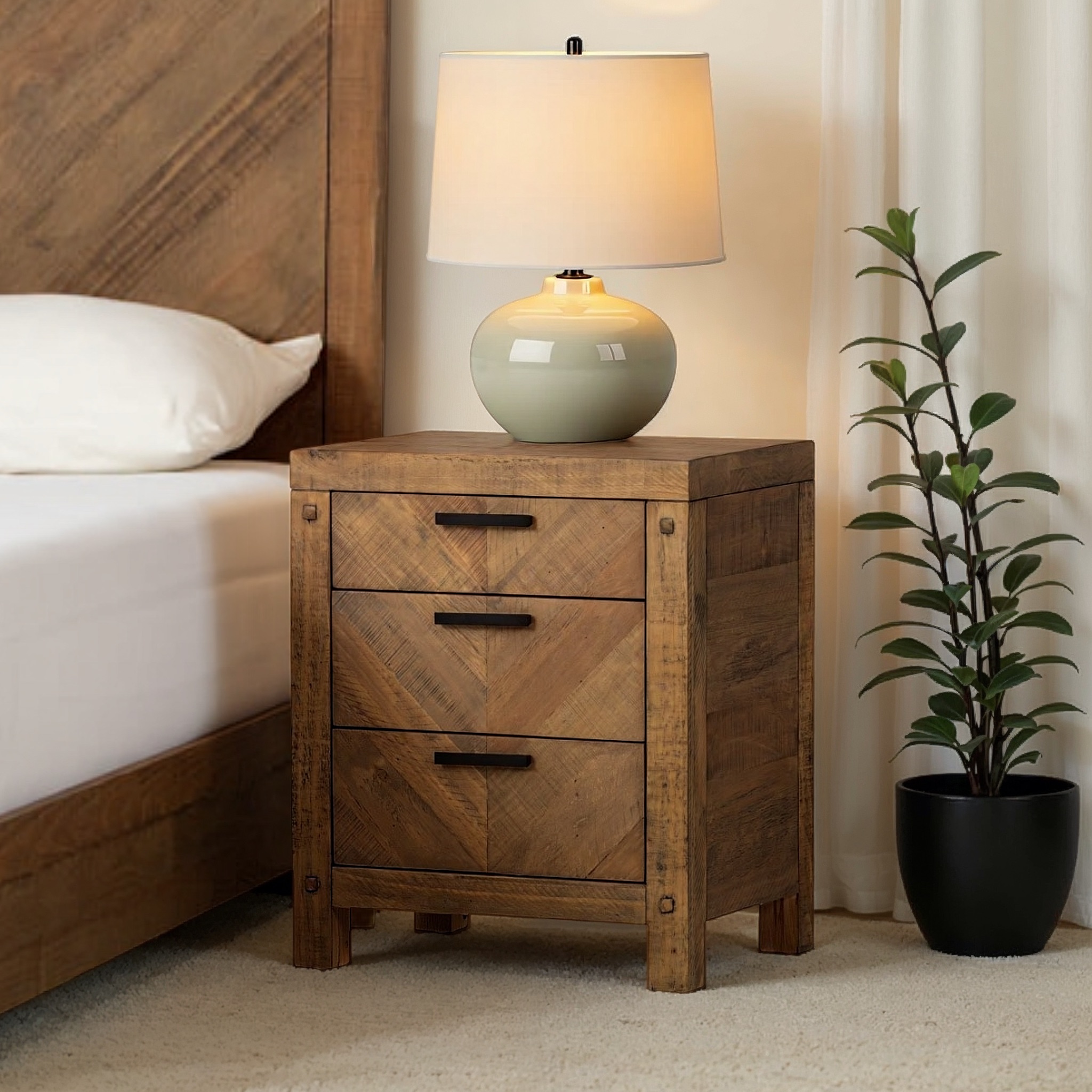 Chevron 3 Drawer Bedside, Pine