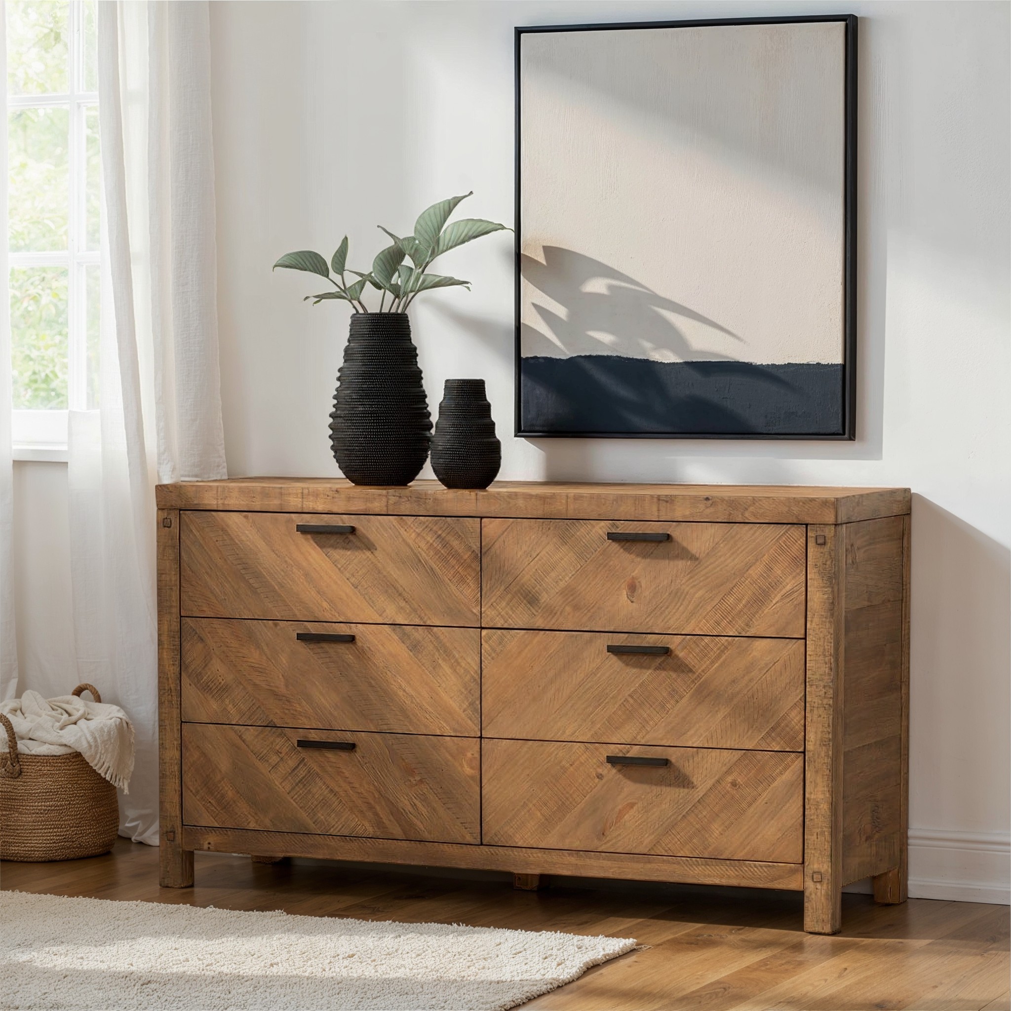 Chevron 6 Drawer Lowboy, Pine