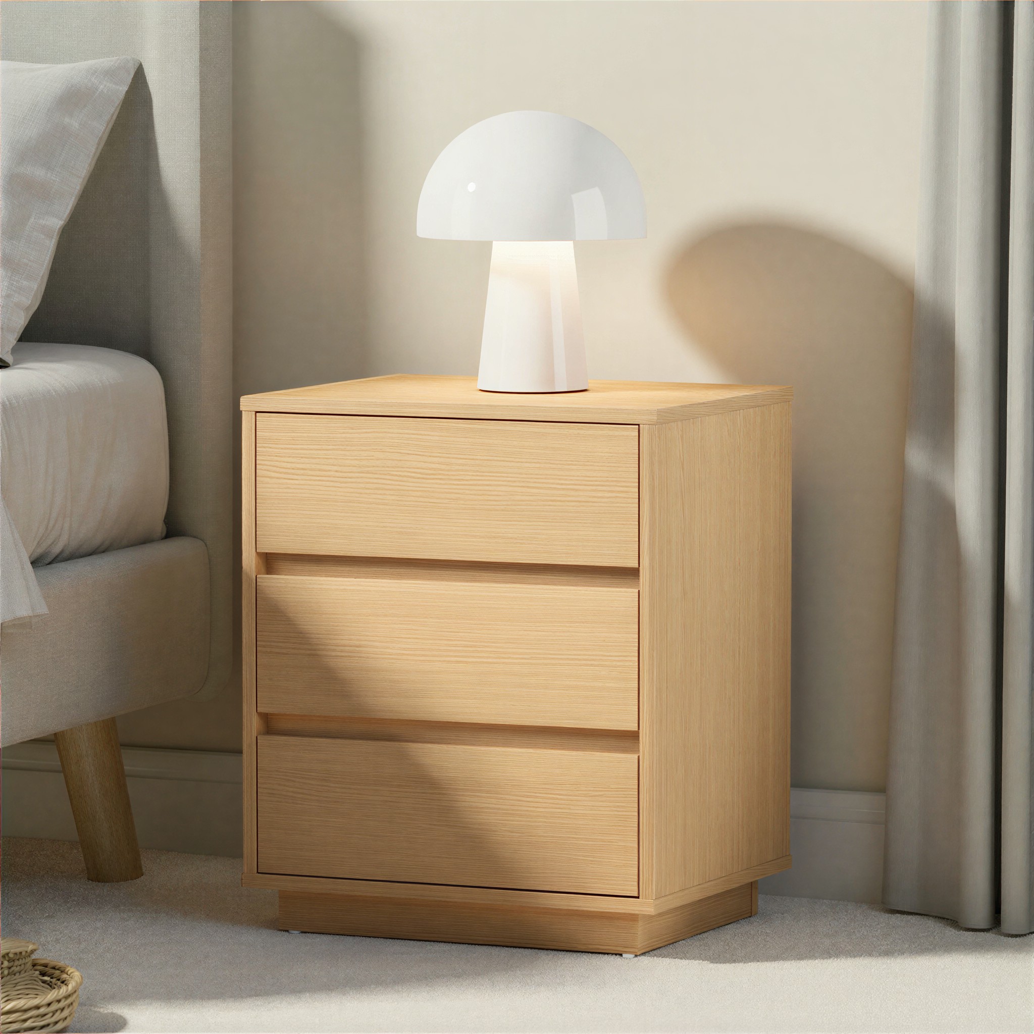 Myra 3 Drawer Bedside KD, Light Oak